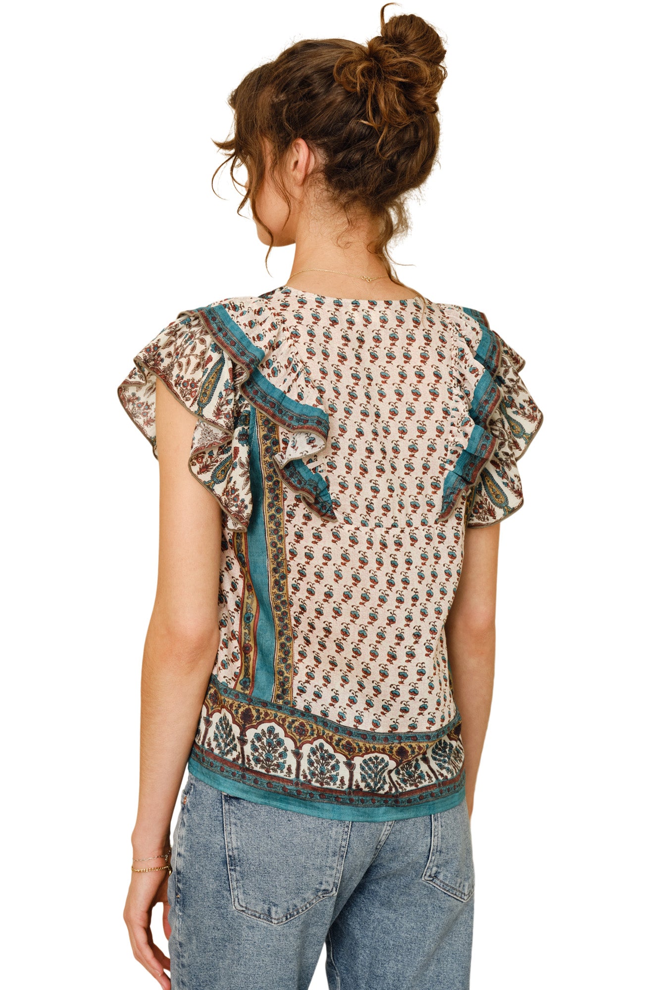 M.A.B.E Devi Print Frill Top in Multi