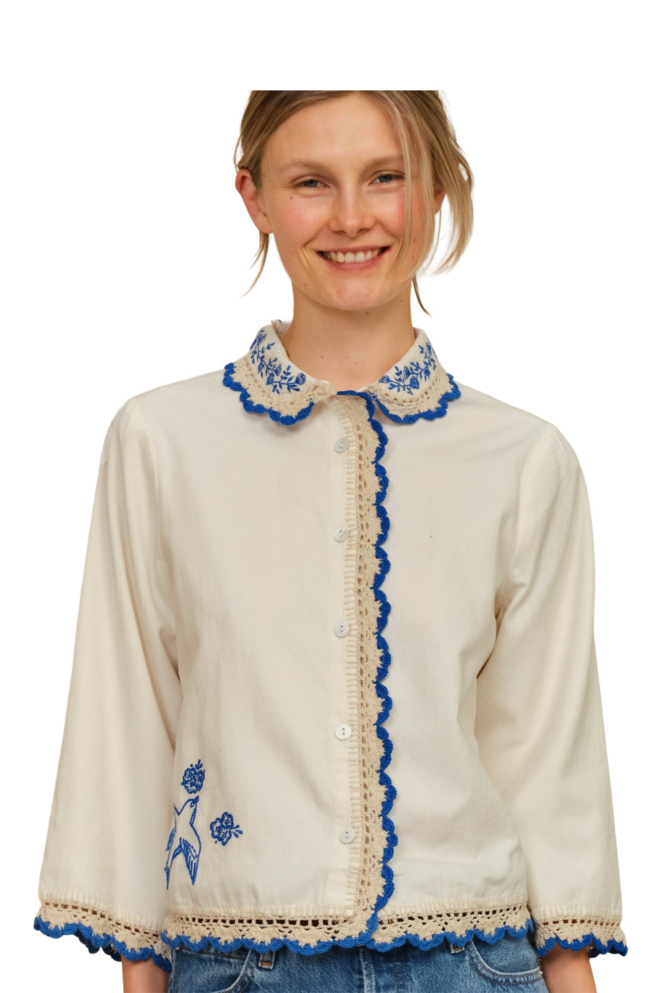 M.A.B.E Frady Crochet Top in Ivory-Blue