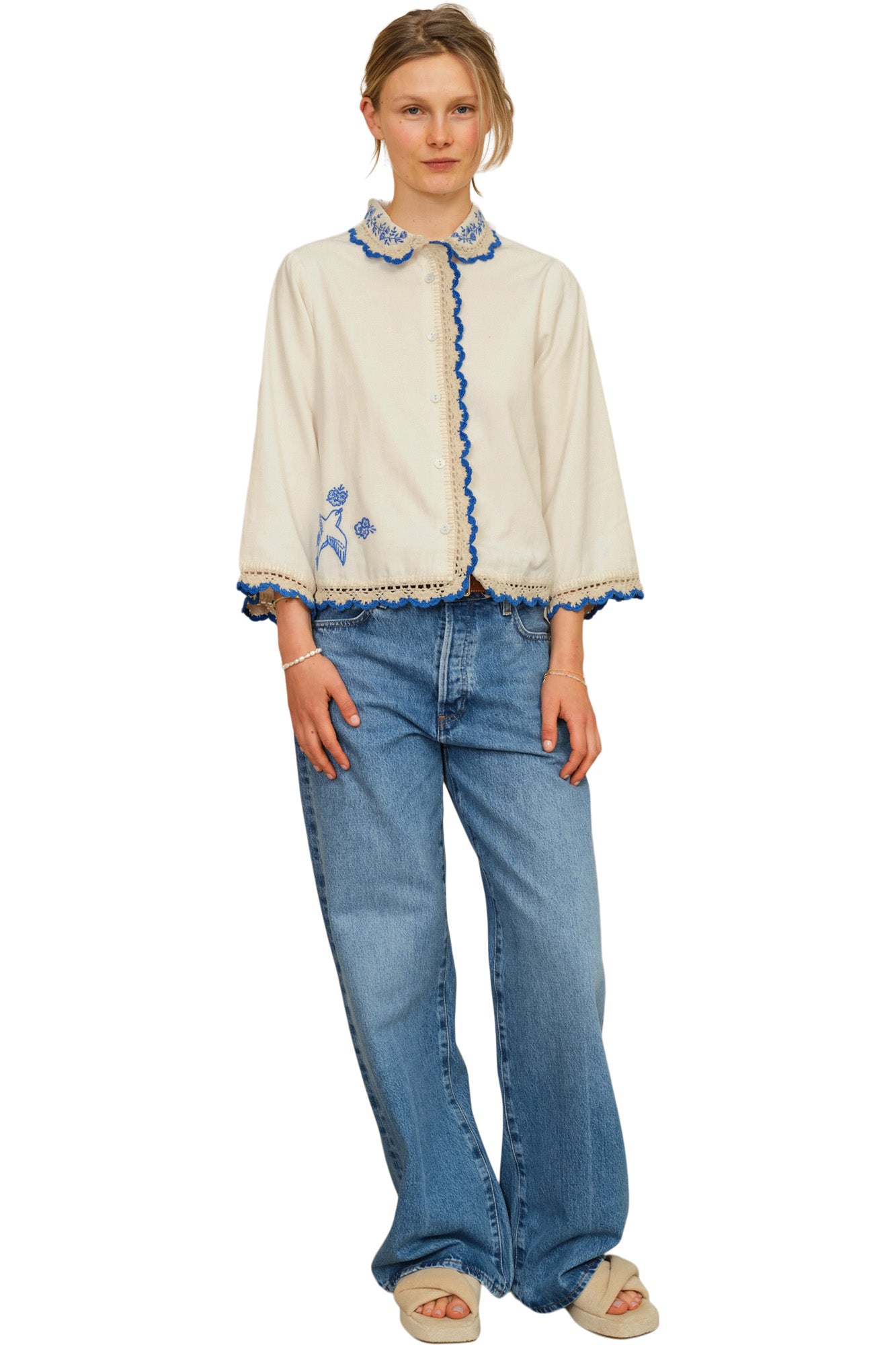 M.A.B.E Frady Crochet Top in Ivory-Blue