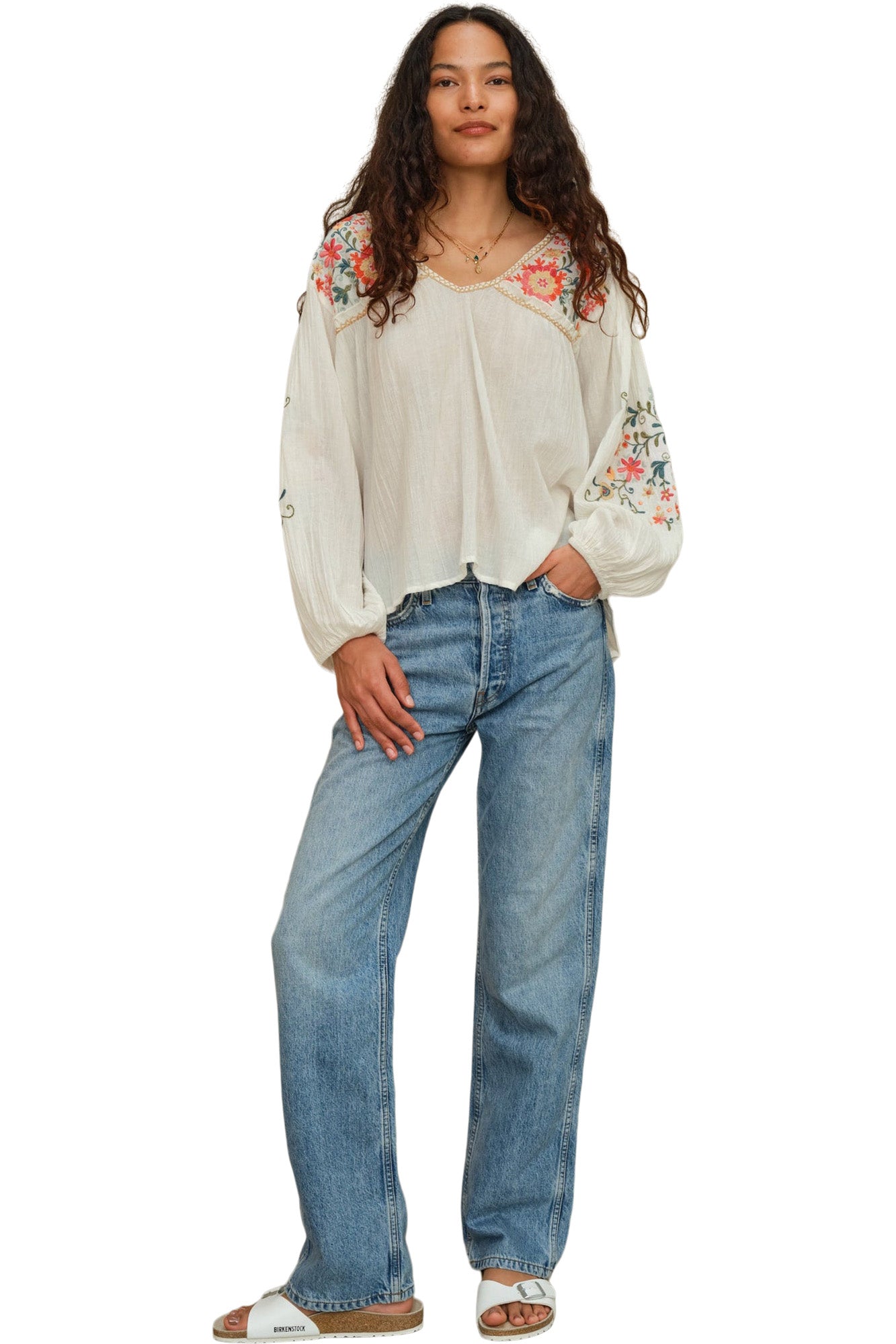 M.A.B.E Loren Embroidered Top in Ecru Multi