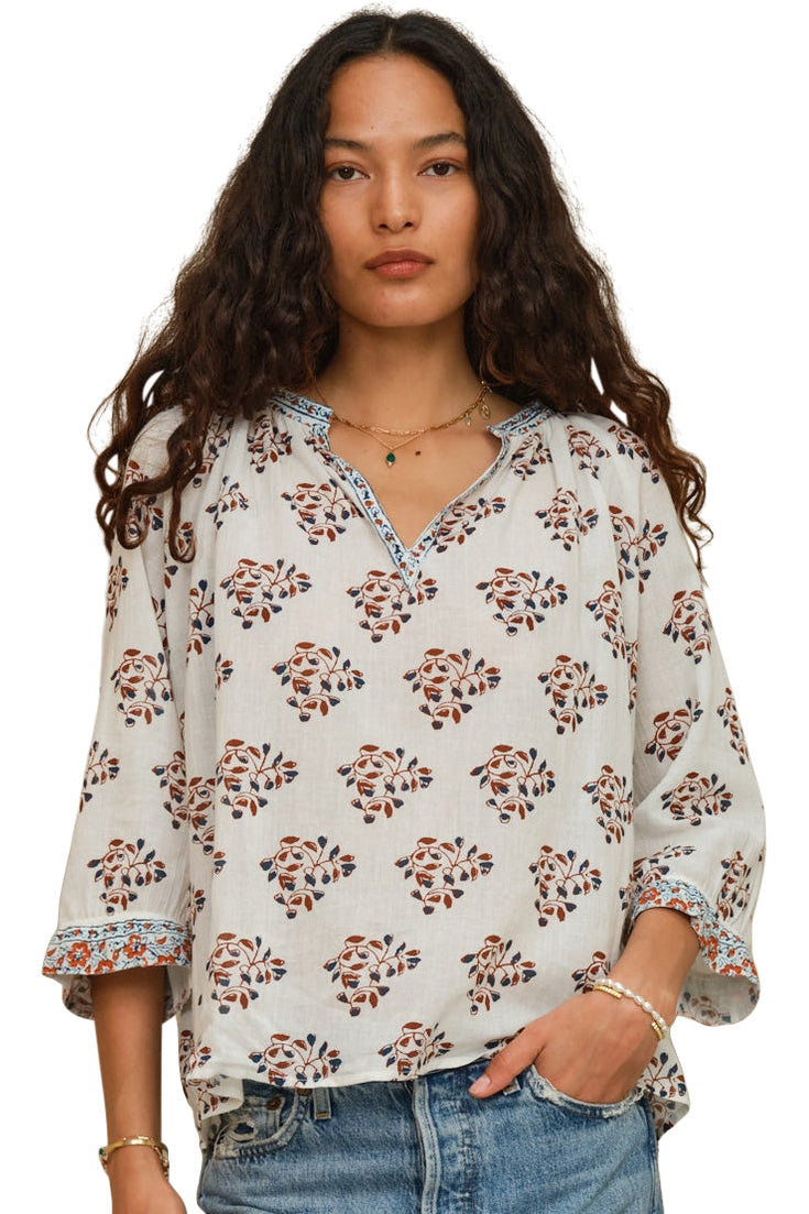 M.A.B.E Stella Printed Long Sleeve Top in Ecru-Rust