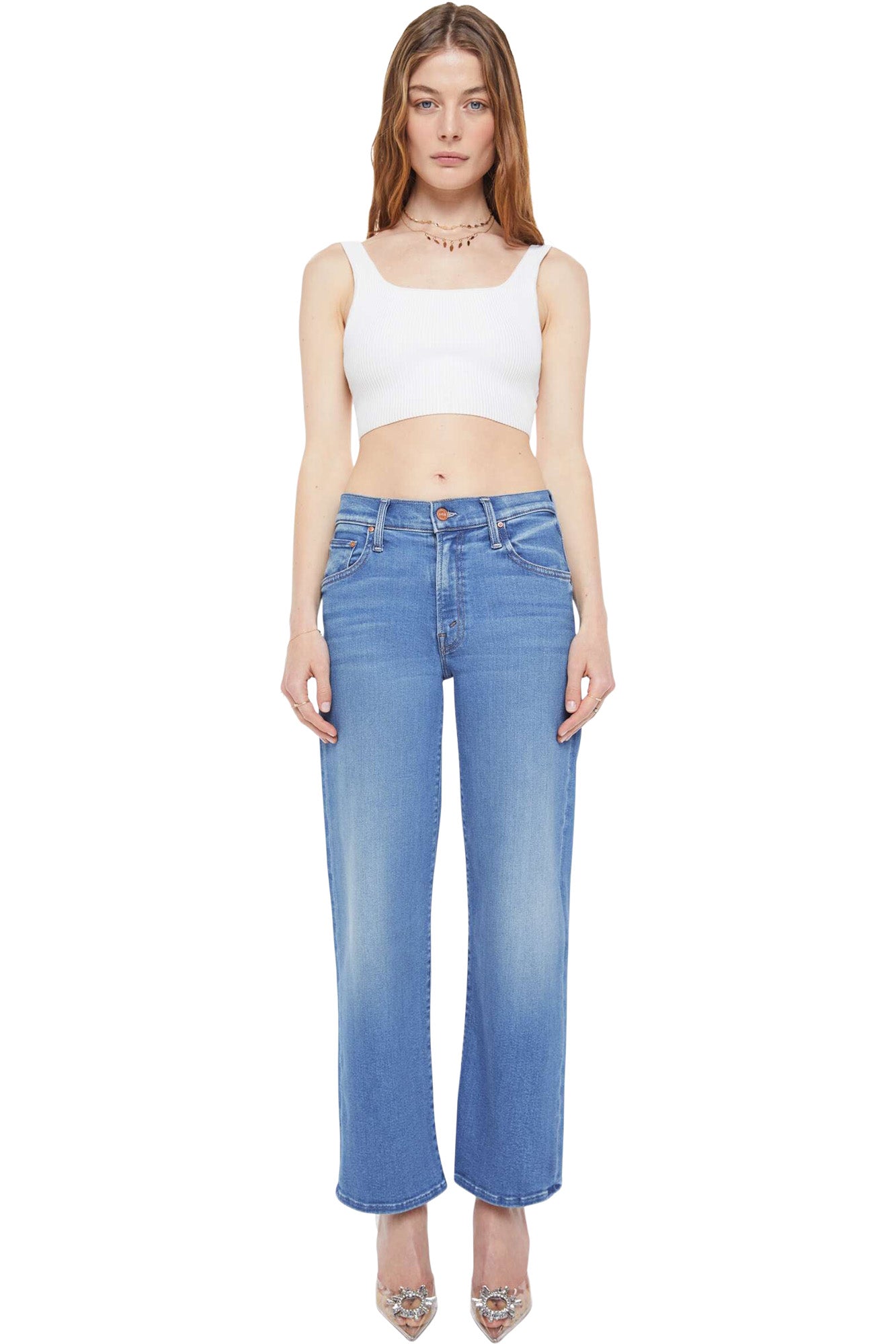 MOTHER Denim Mid Rise Rambler Zip Ankle in Piece by Piece