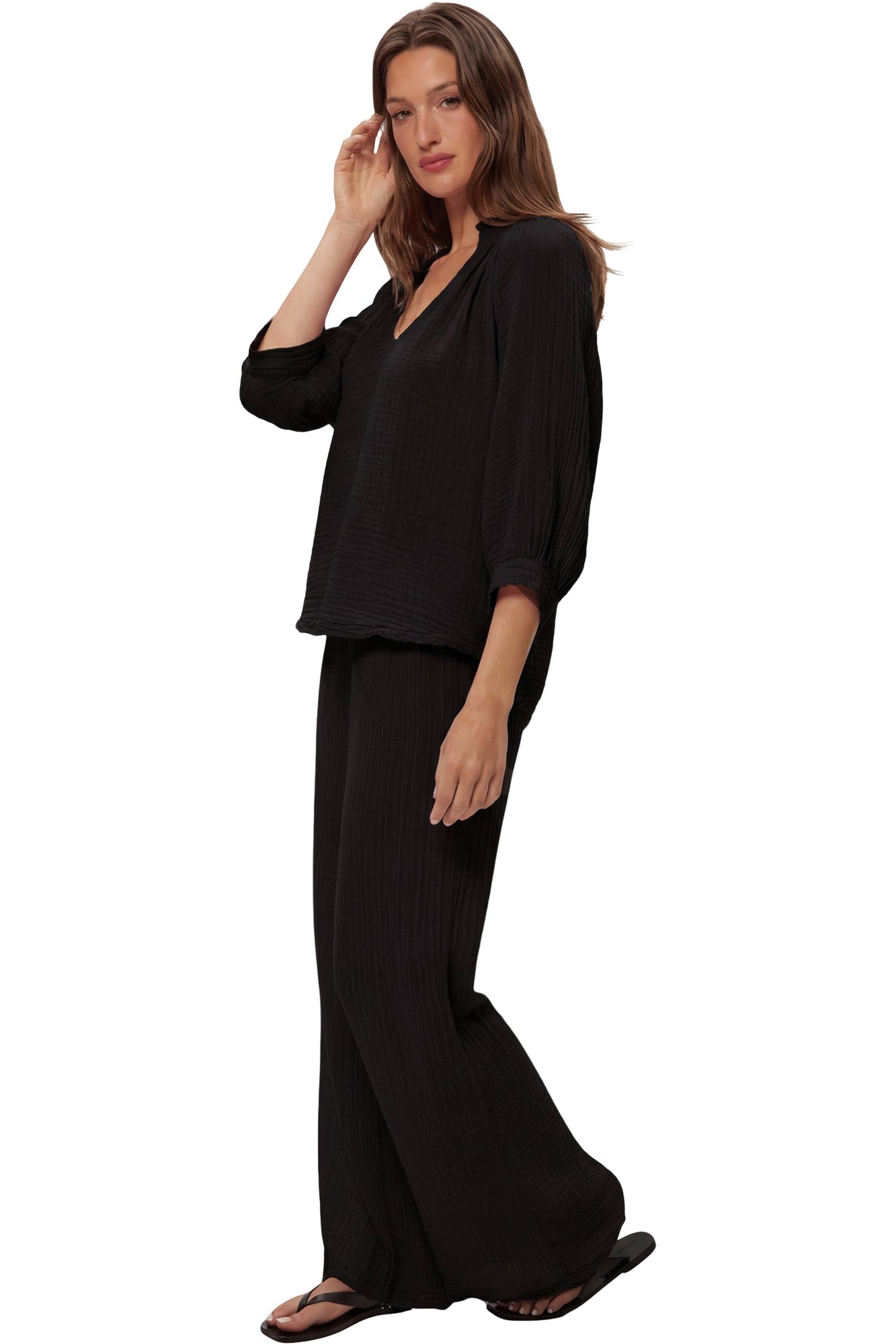 Michael Stars Kali 3/4 Sleeve Ruffle Neck Top