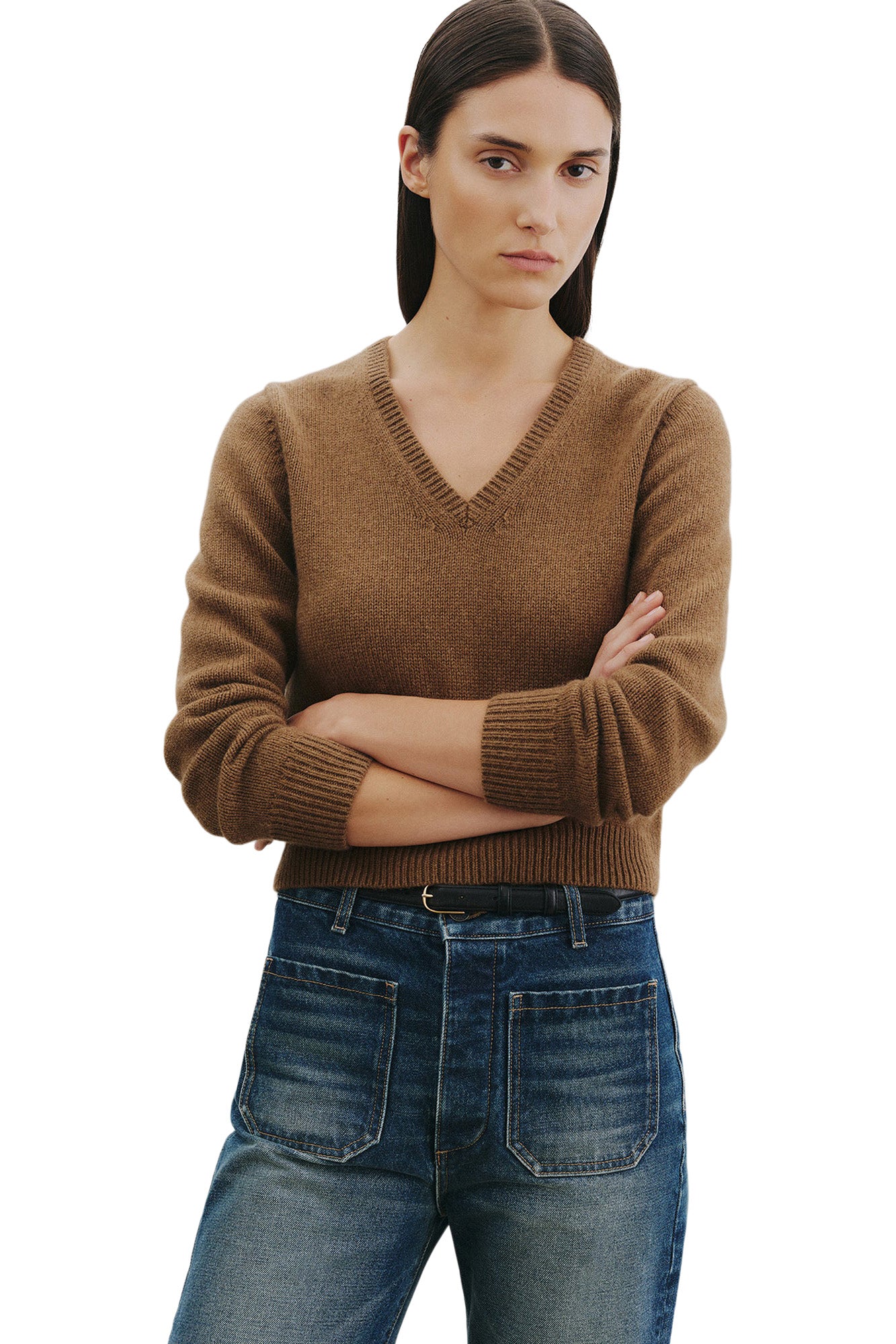 Nili Lotan Everstyn Alpaca V-neck Sweater in Dark Camel