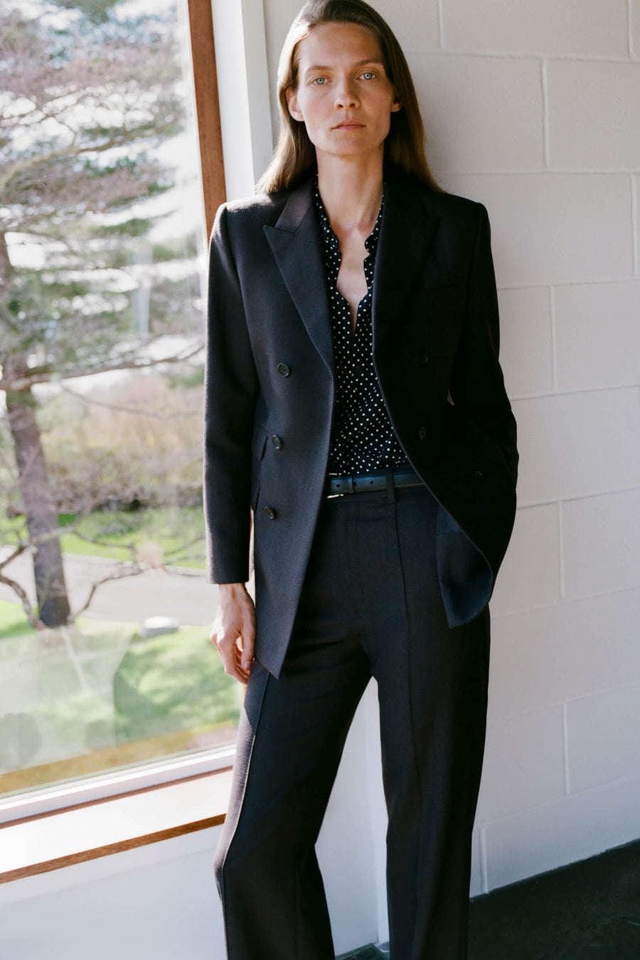 Nili Lotan Gaia Slim Shirt in Obsidian - Ivory Polka Dot