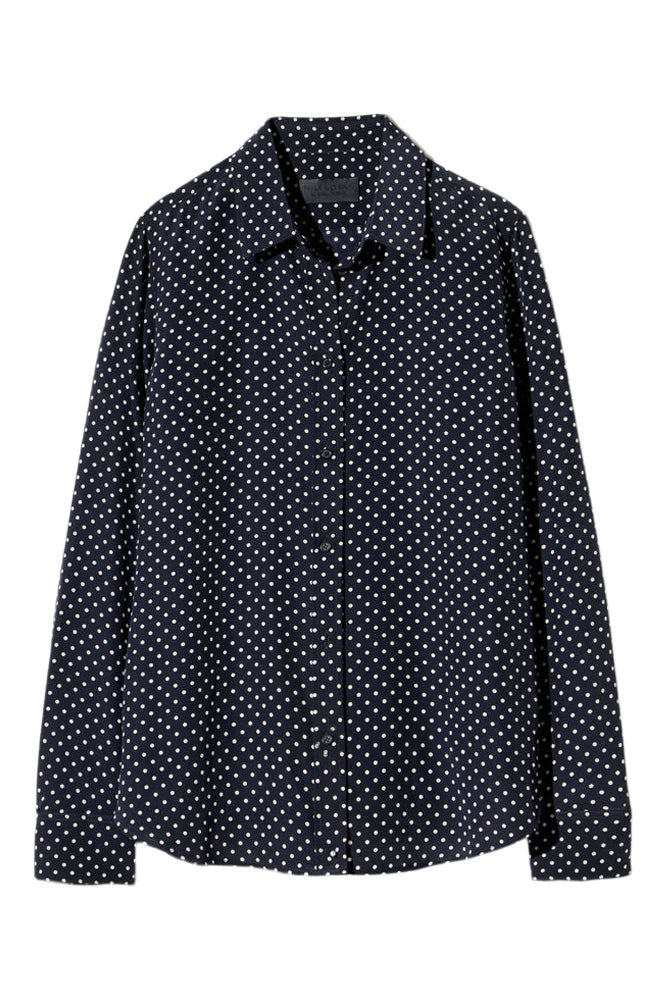 Nili Lotan Gaia Slim Shirt in Obsidian - Ivory Polka Dot