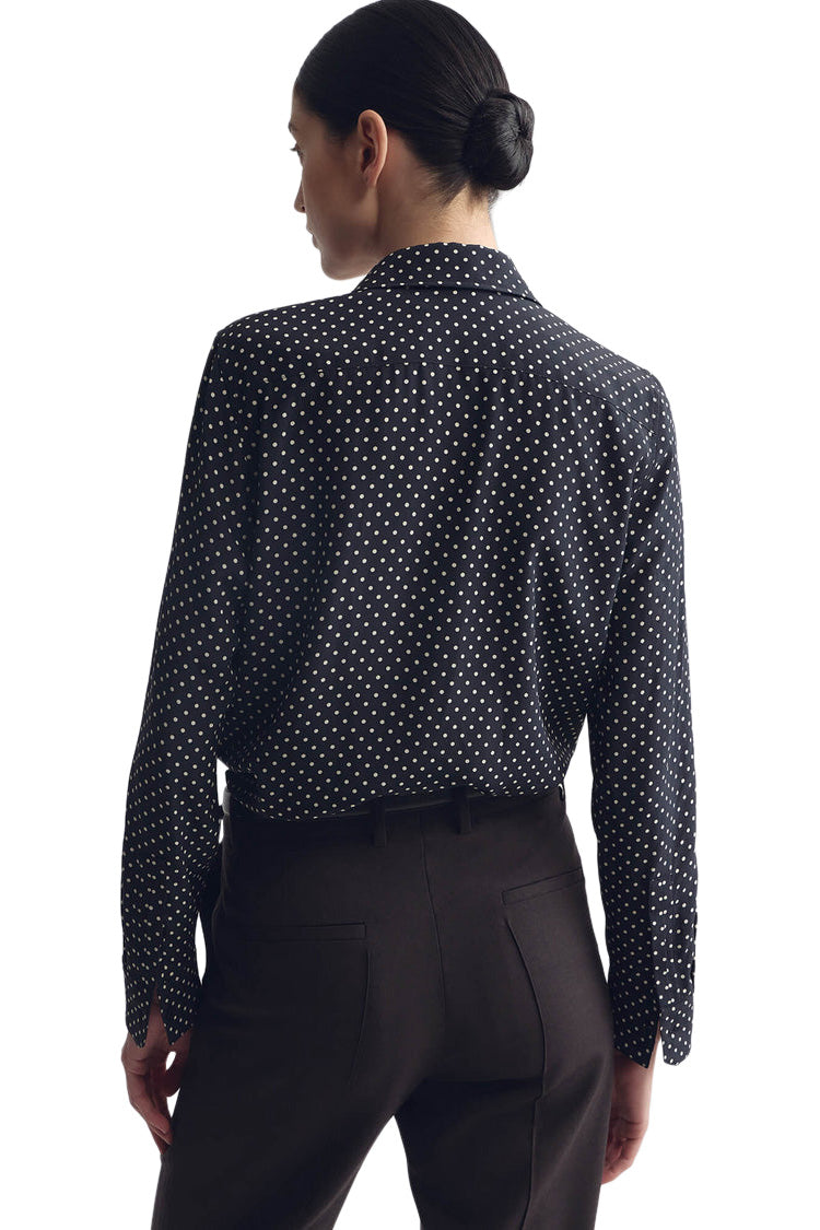 Nili Lotan Gaia Slim Shirt in Obsidian - Ivory Polka Dot
