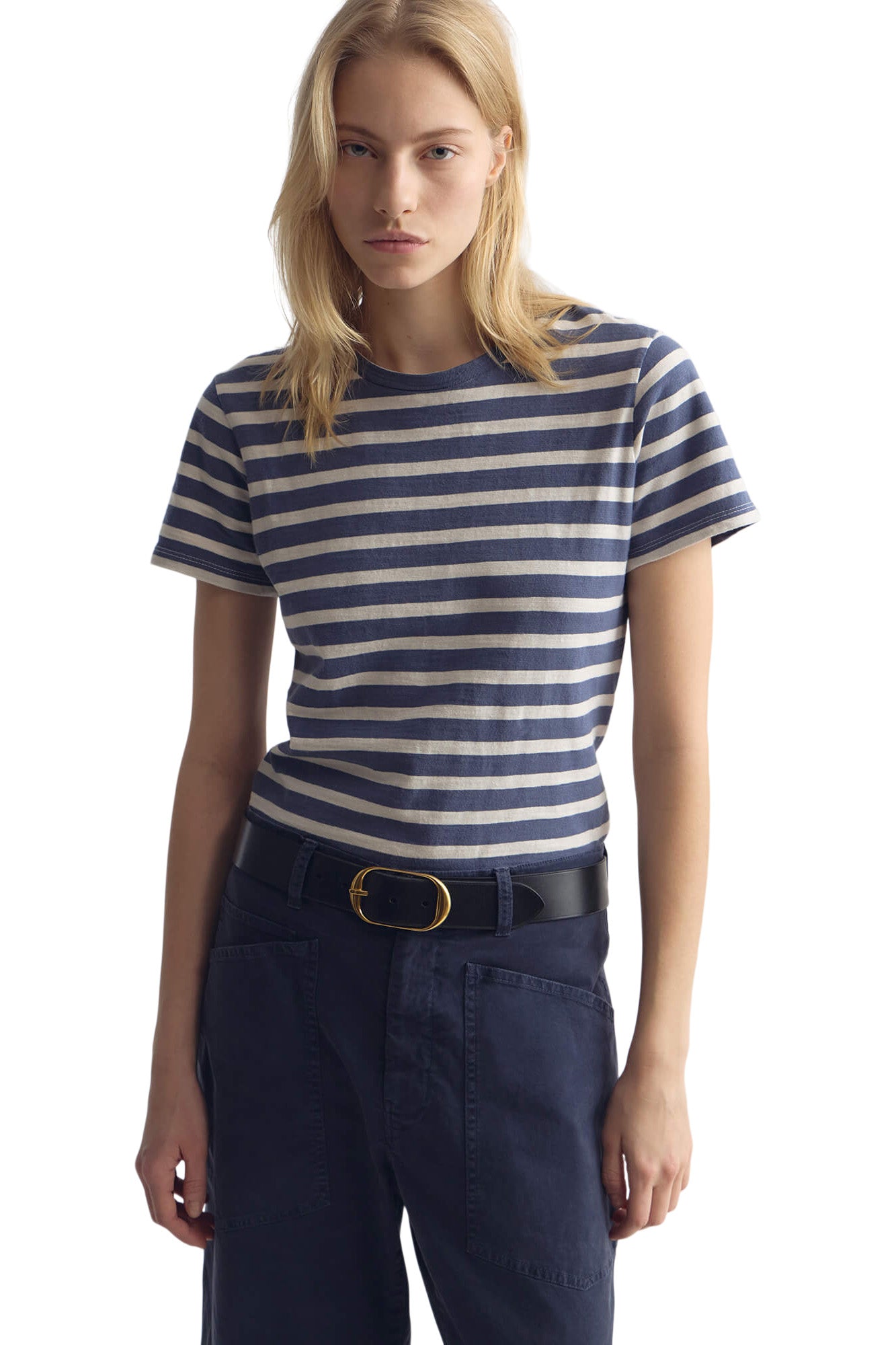 Nili Lotan Lana Crewneck Tee in French Blue - Off White Stripe