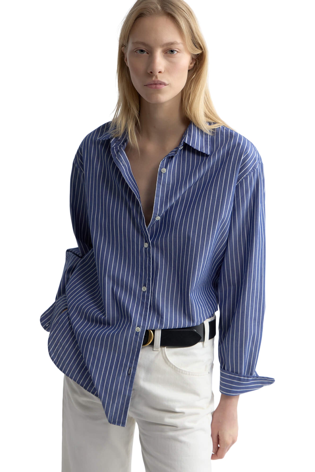 Nili Lotan Yorke Cotton Shirt in Dark Navy White Stripe