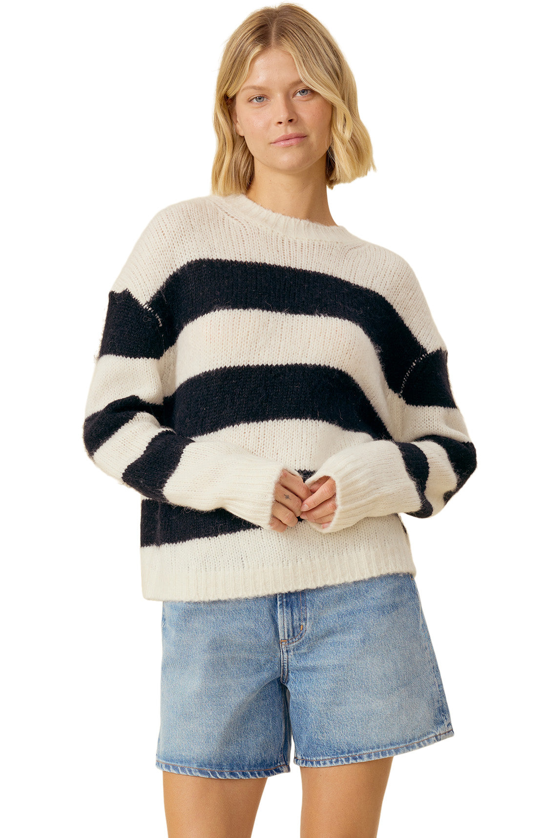 One Grey Day Bardot Striped Sweater in Ivory Combo