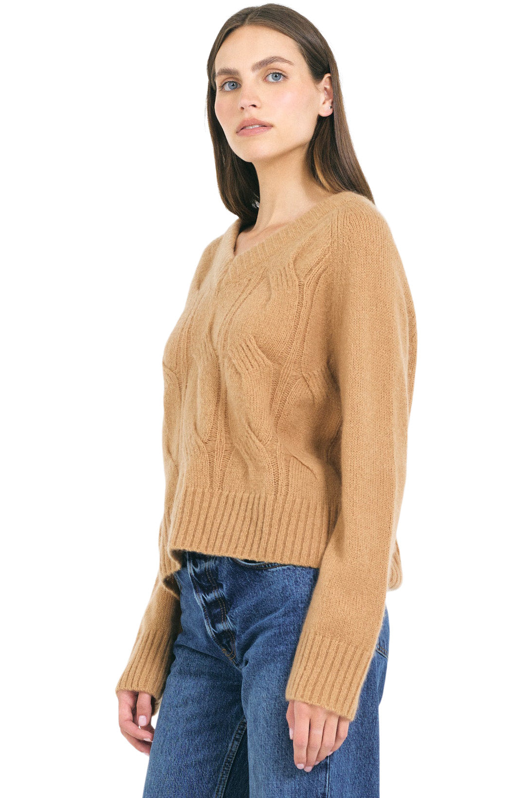 One Grey Day Mabel Cable V-neck Pullover in Chestnut