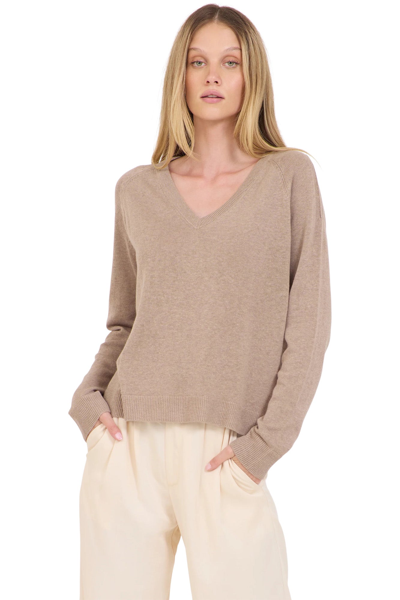 One Grey Day Sloan Linen V-neck Sweater in Stone