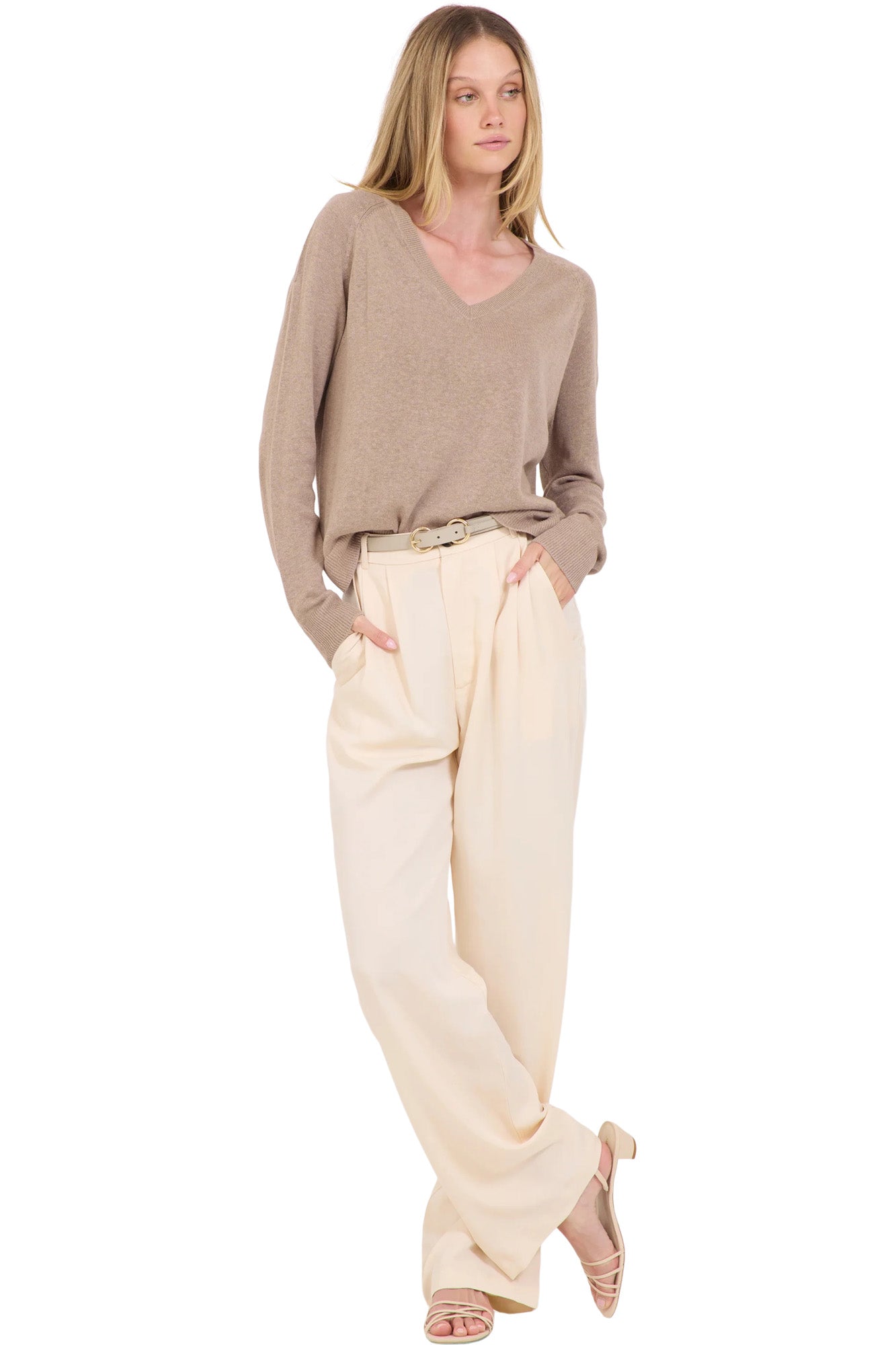One Grey Day Sloan Linen V-neck Sweater in Stone