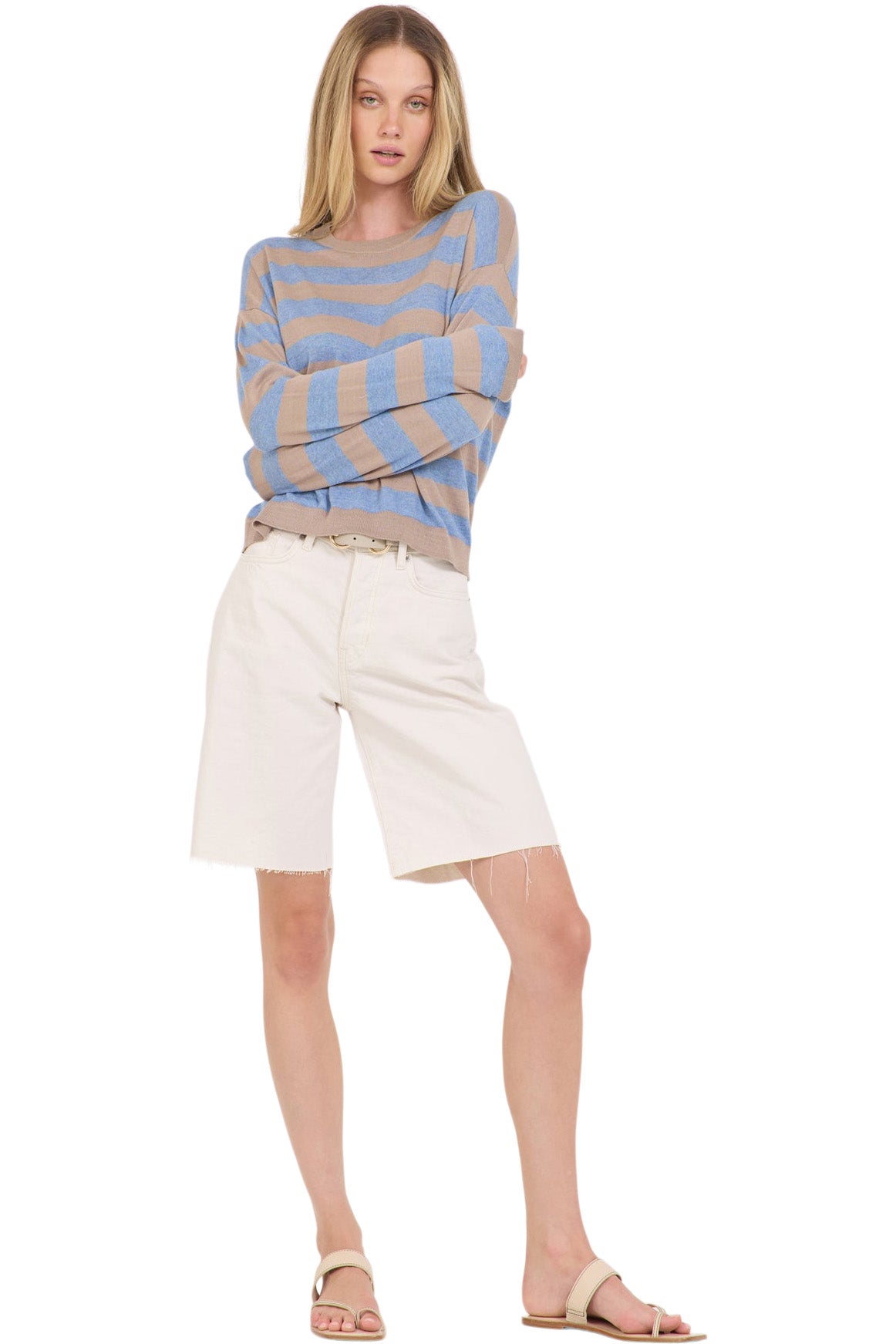 One Grey Day Sloane Cotton Striped Boxy Pullover in Stone Combo