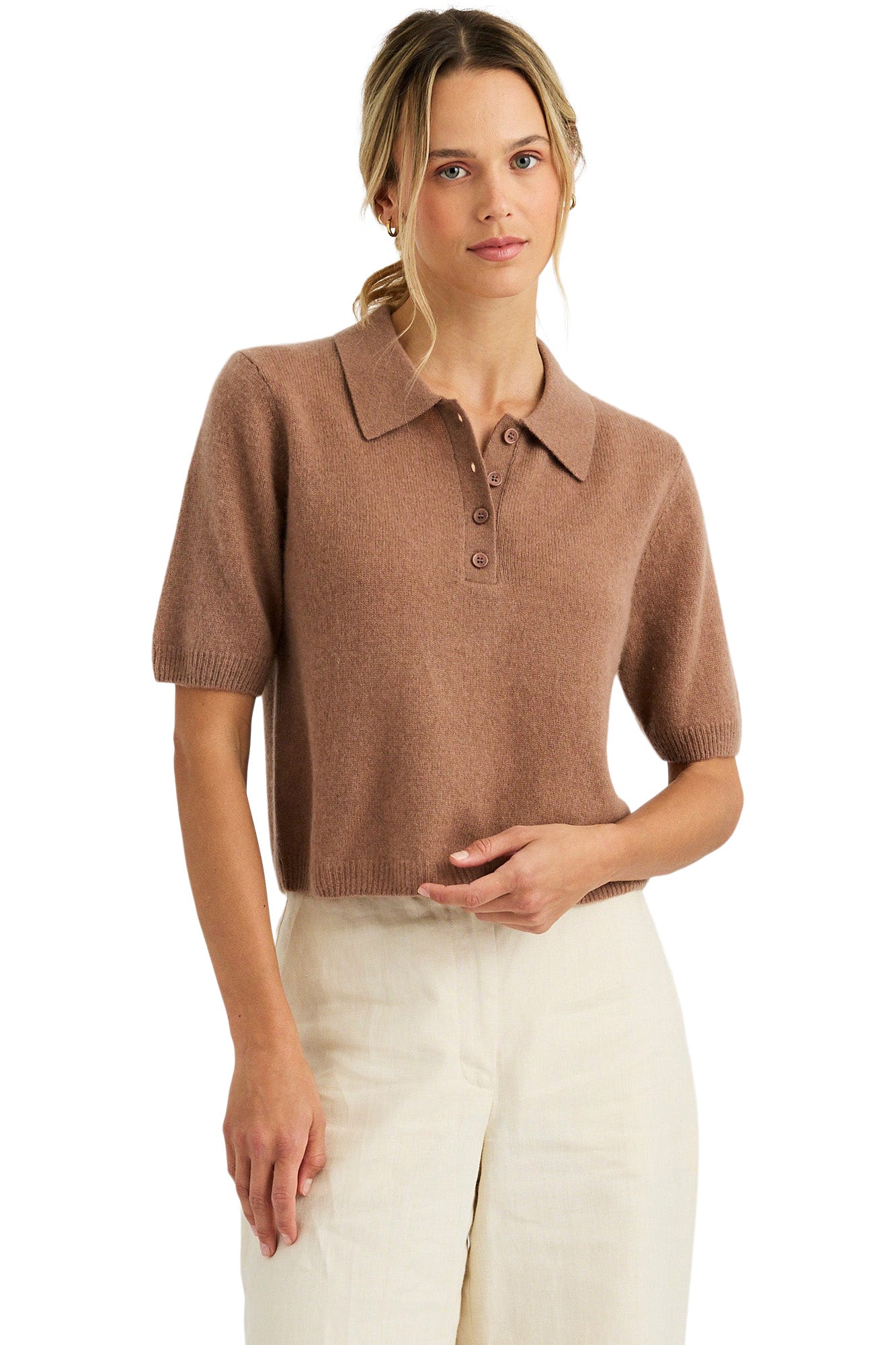 One Grey Day Summer Cashmere Polo in Saddle