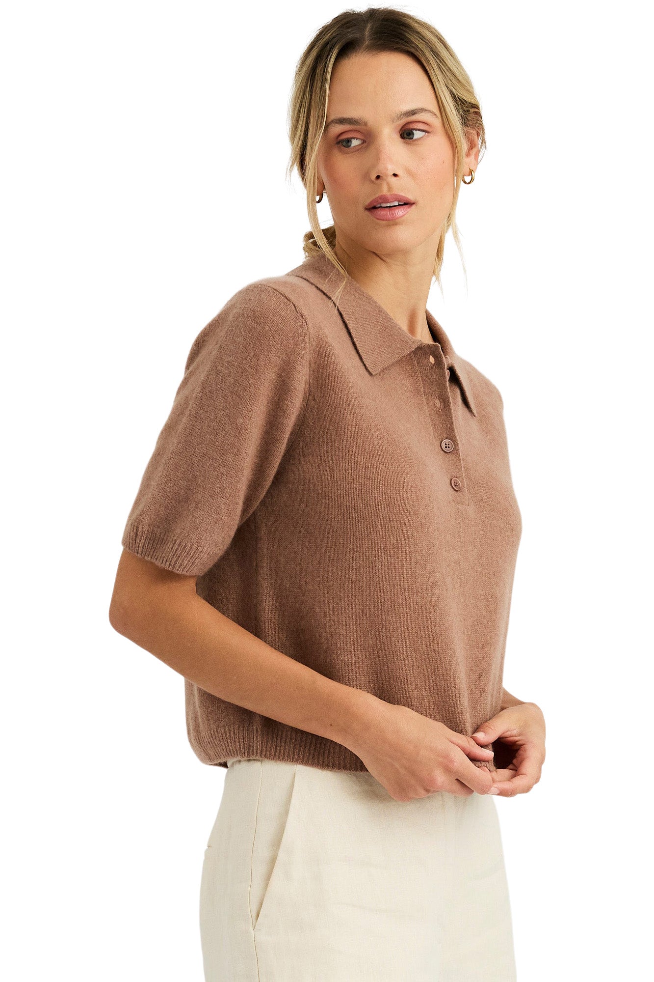 One Grey Day Summer Cashmere Polo in Saddle