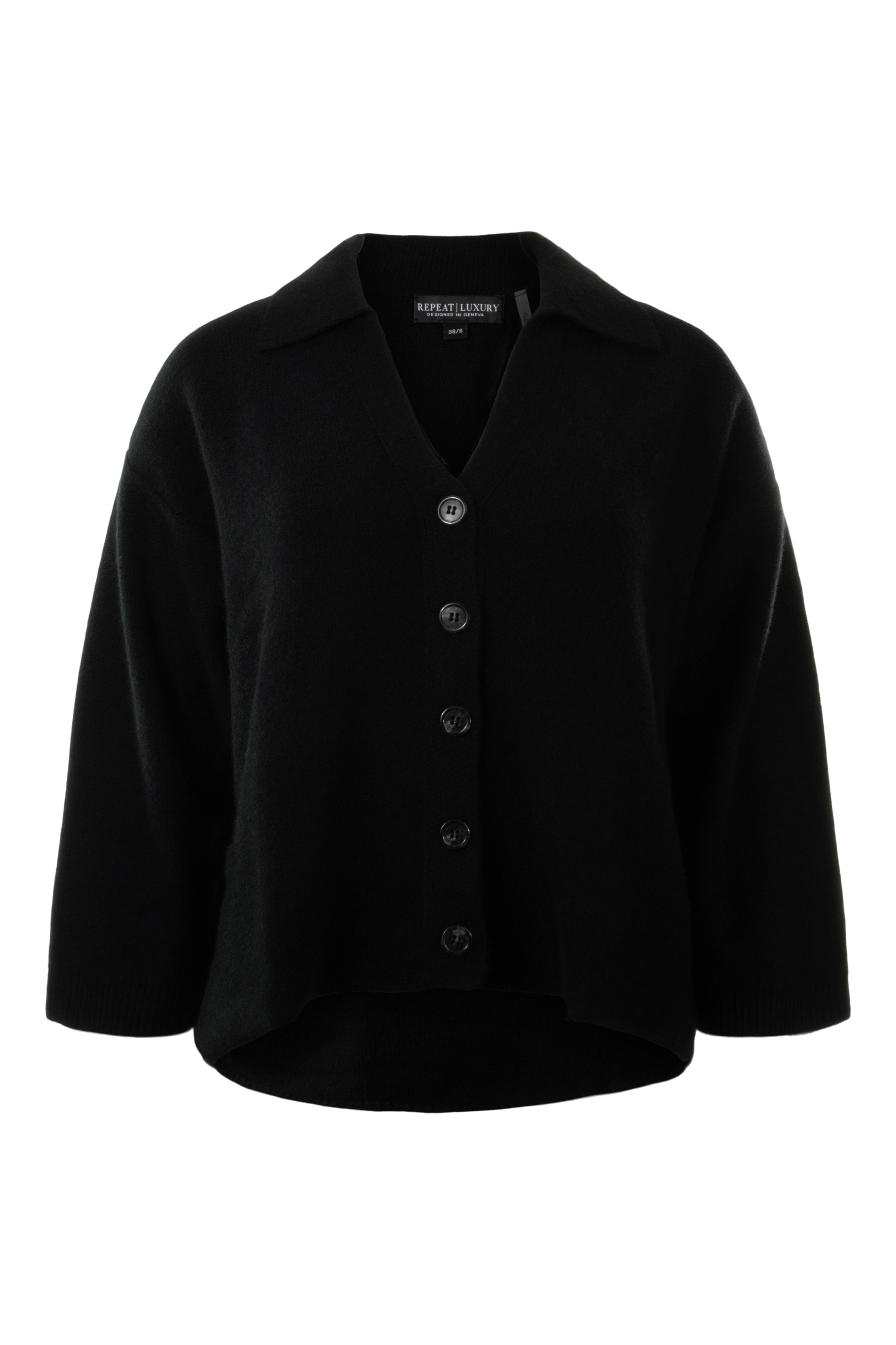 Repeat Cashmere Polo Neck Cashmere Cardigan with Buttons in Black