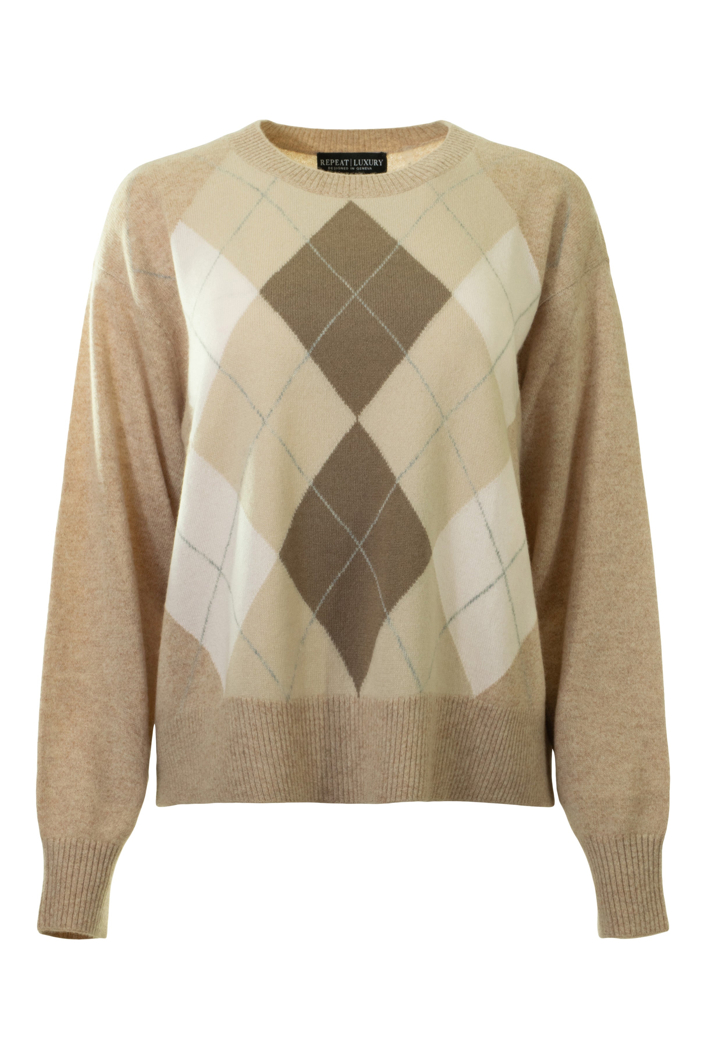 Repeat Cashmere Argyle Crewneck Sweater in Hay