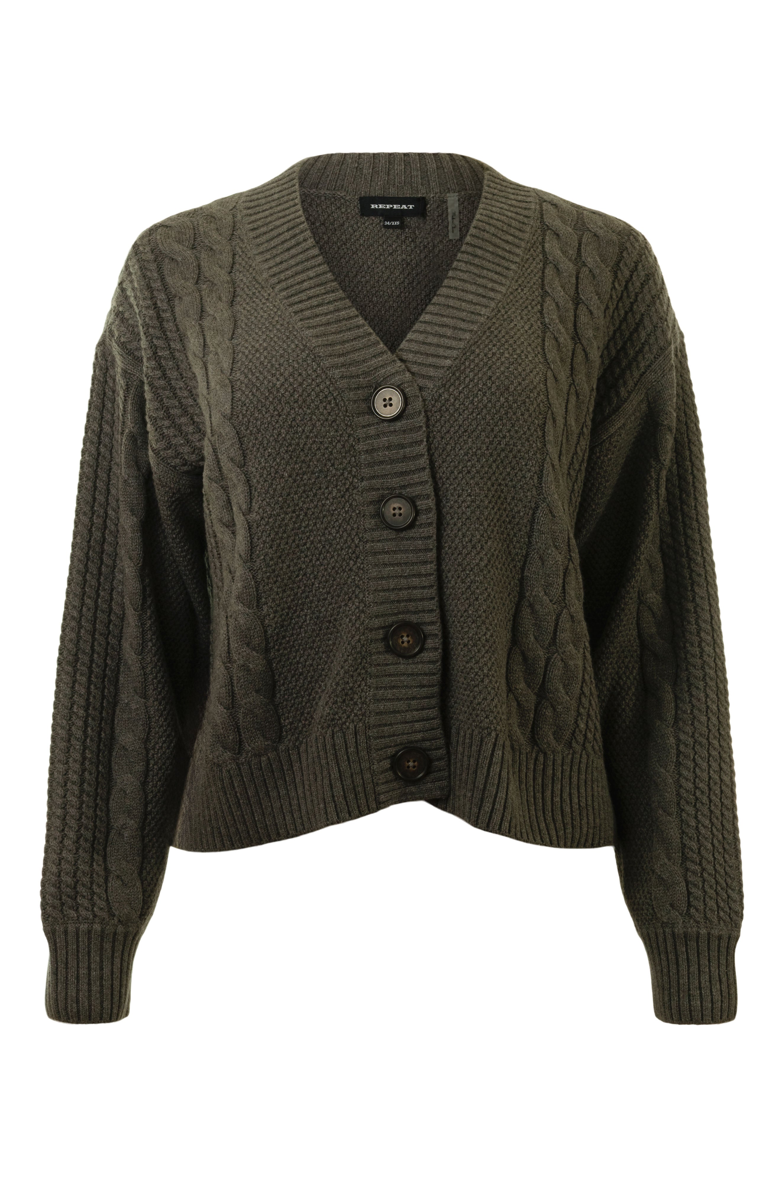 Repeat Cashmere Cotton Cashmere Placed Cable Cardigan in Stone