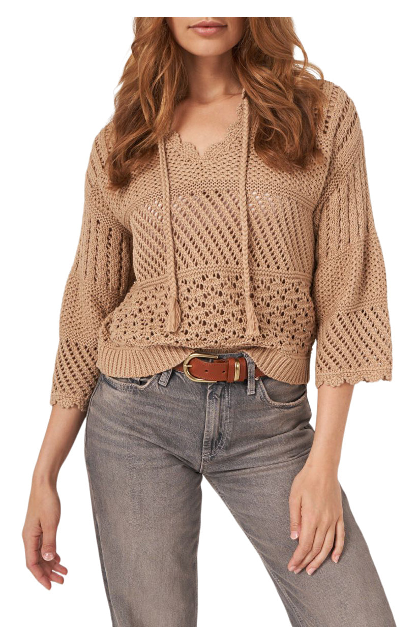 Repeat Cashmere Ajour Cotton Sweater with Crochet Details in Gold