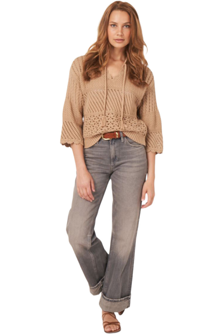 Repeat Cashmere Ajour Cotton Sweater with Crochet Details in Gold