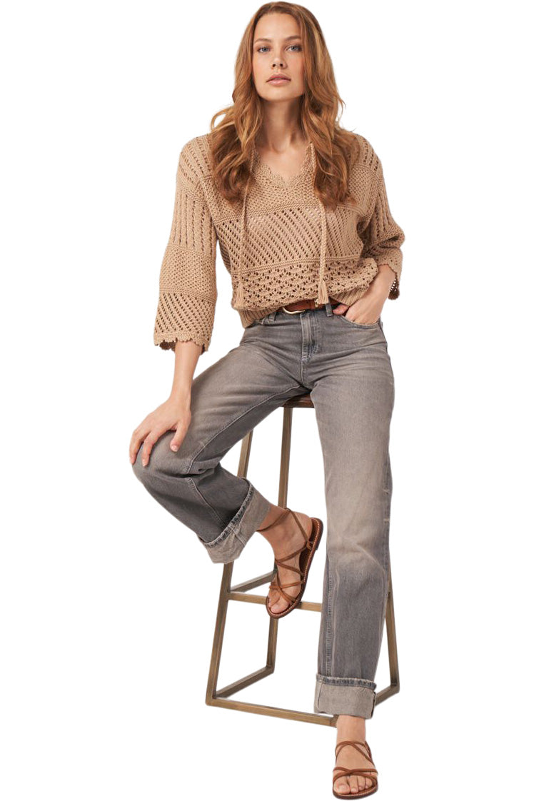 Repeat Cashmere Ajour Cotton Sweater with Crochet Details in Gold