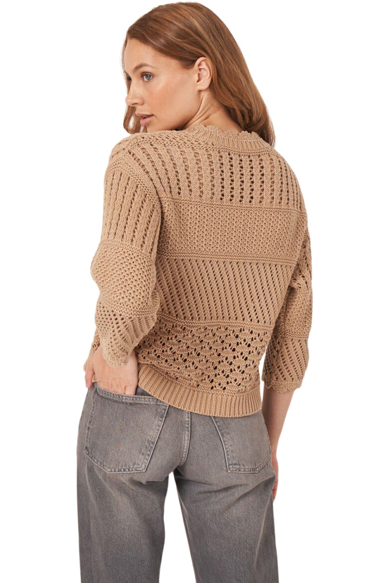 Repeat Cashmere Ajour Cotton Sweater with Crochet Details in Gold