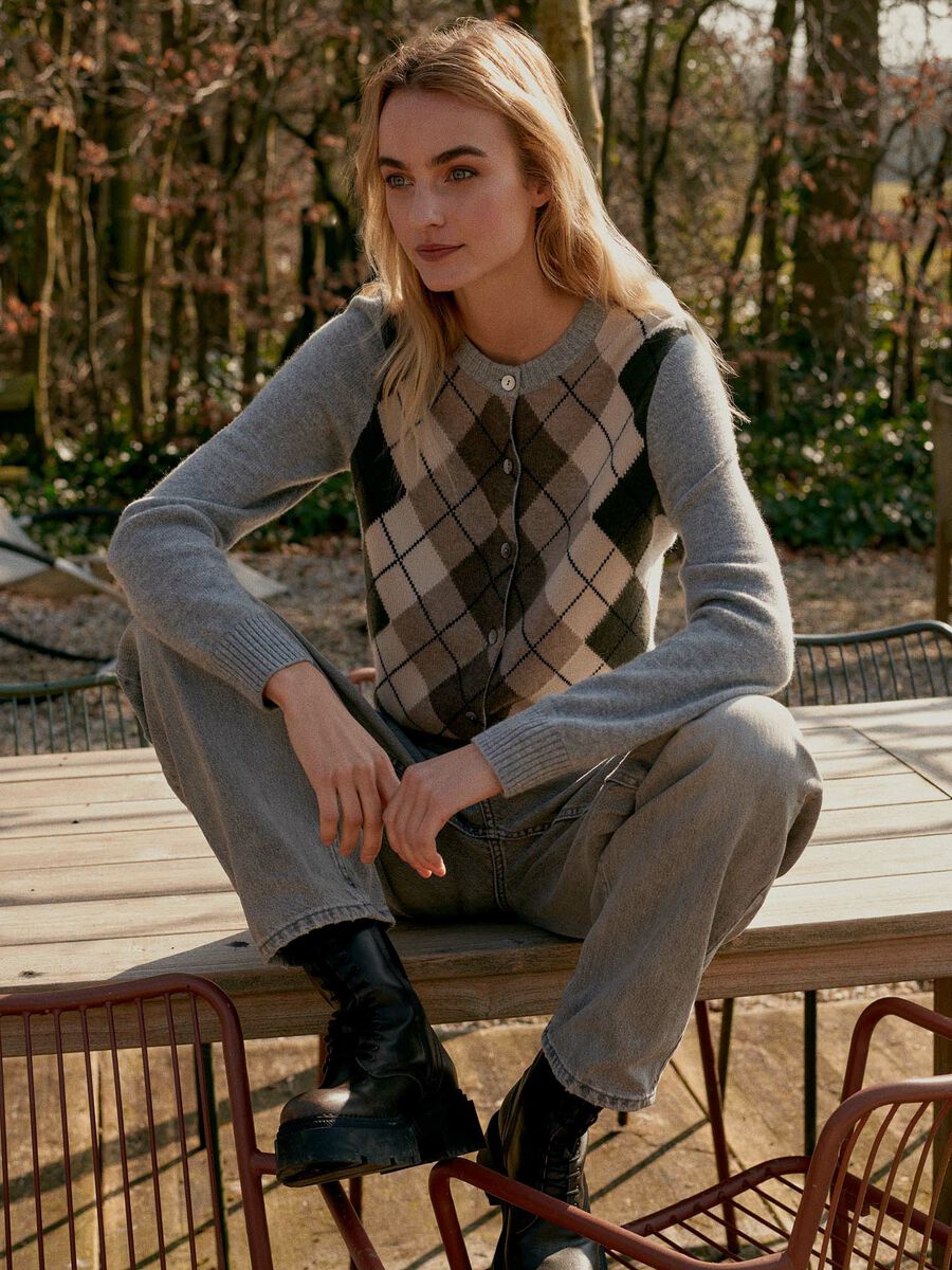 Repeat Cashmere Argyle Cashmere Cardigan in Multi