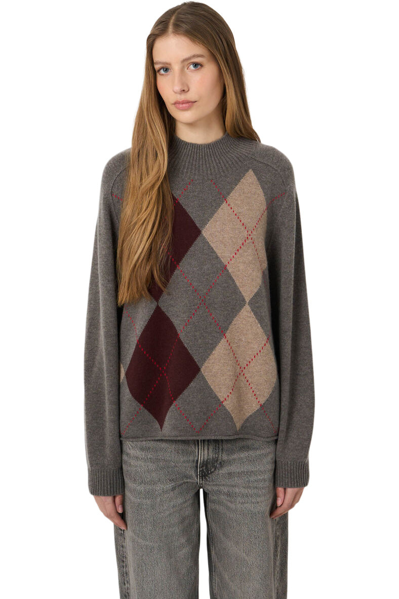 Repeat Cashmere Argyle Intarsia Sweater with Stand Collar in Rock