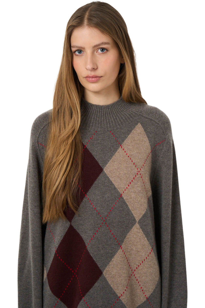 Repeat Cashmere Argyle Intarsia Sweater with Stand Collar in Rock