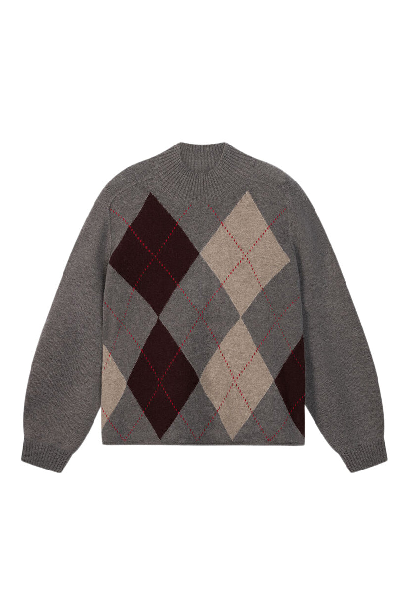 Repeat Cashmere Argyle Intarsia Sweater with Stand Collar in Rock