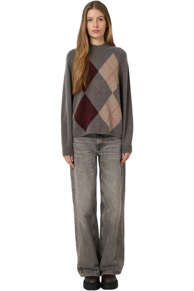 Repeat Cashmere Argyle Intarsia Sweater with Stand Collar in Rock
