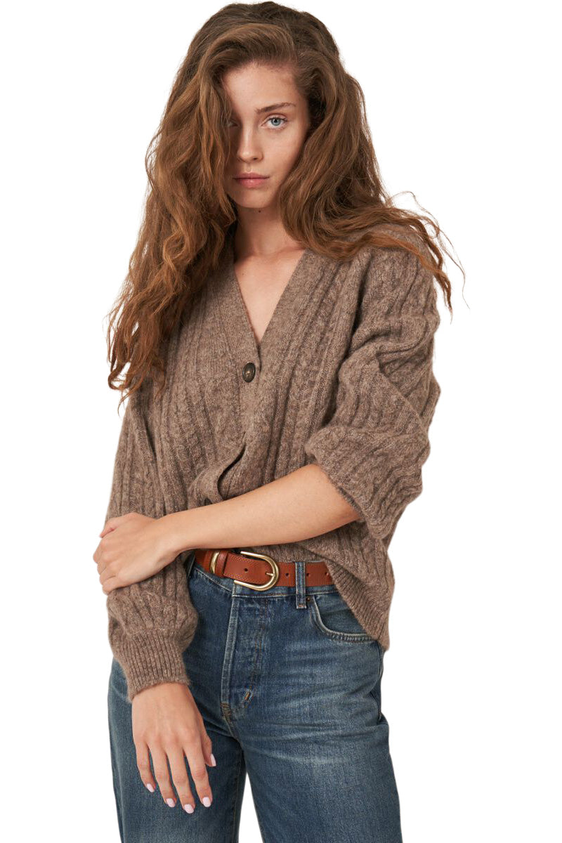 Repeat Cashmere Buttoned Cable Knit Cardigan in Taupe