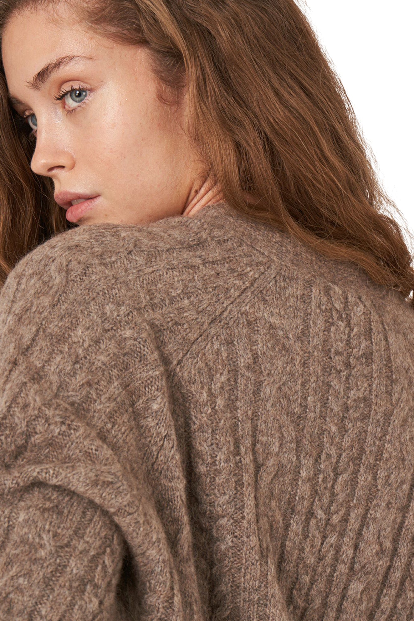 Repeat Cashmere Buttoned Cable Knit Cardigan in Taupe