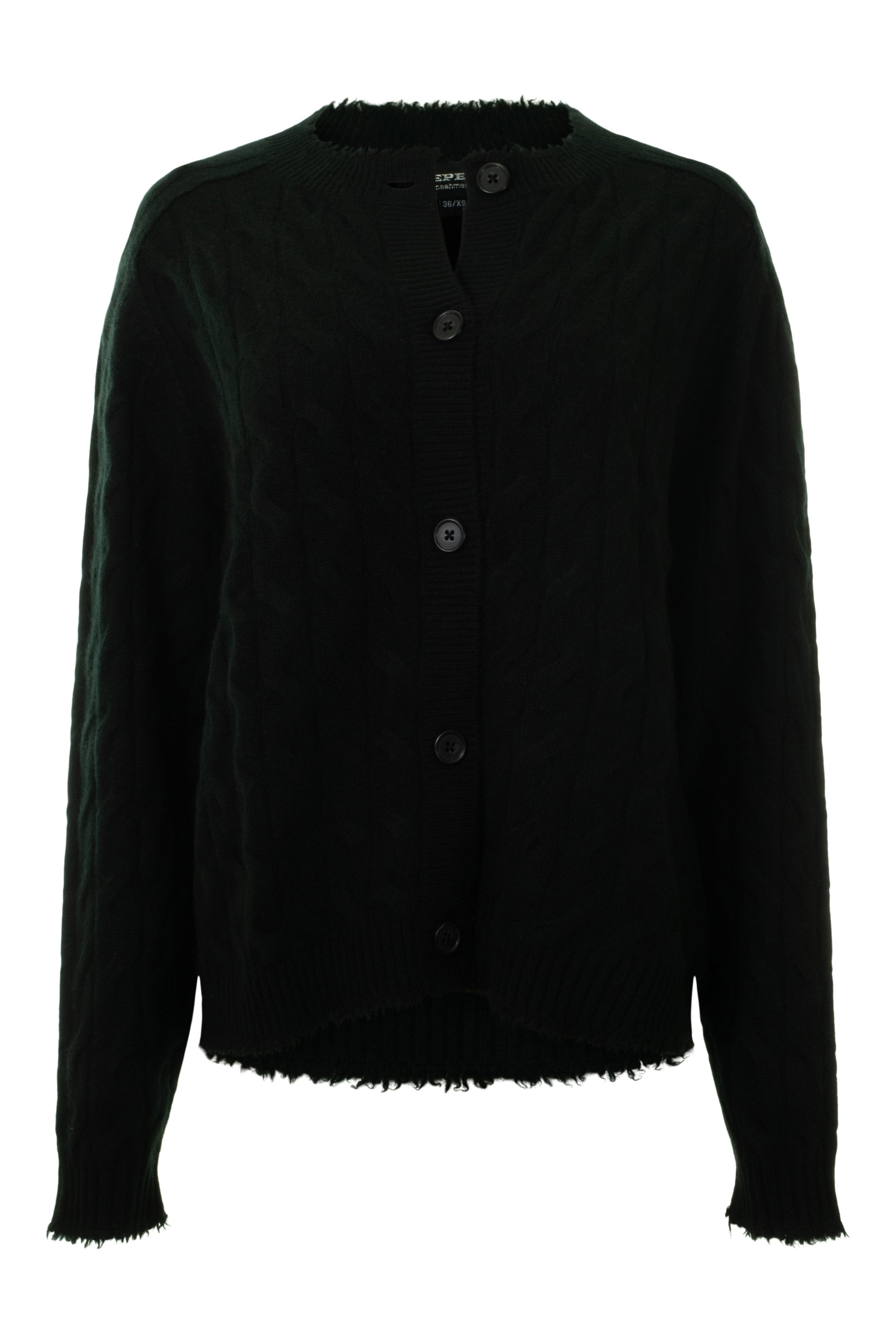 Repeat Cashmere Cable Knit Cardigan with Frayed Edges in Black