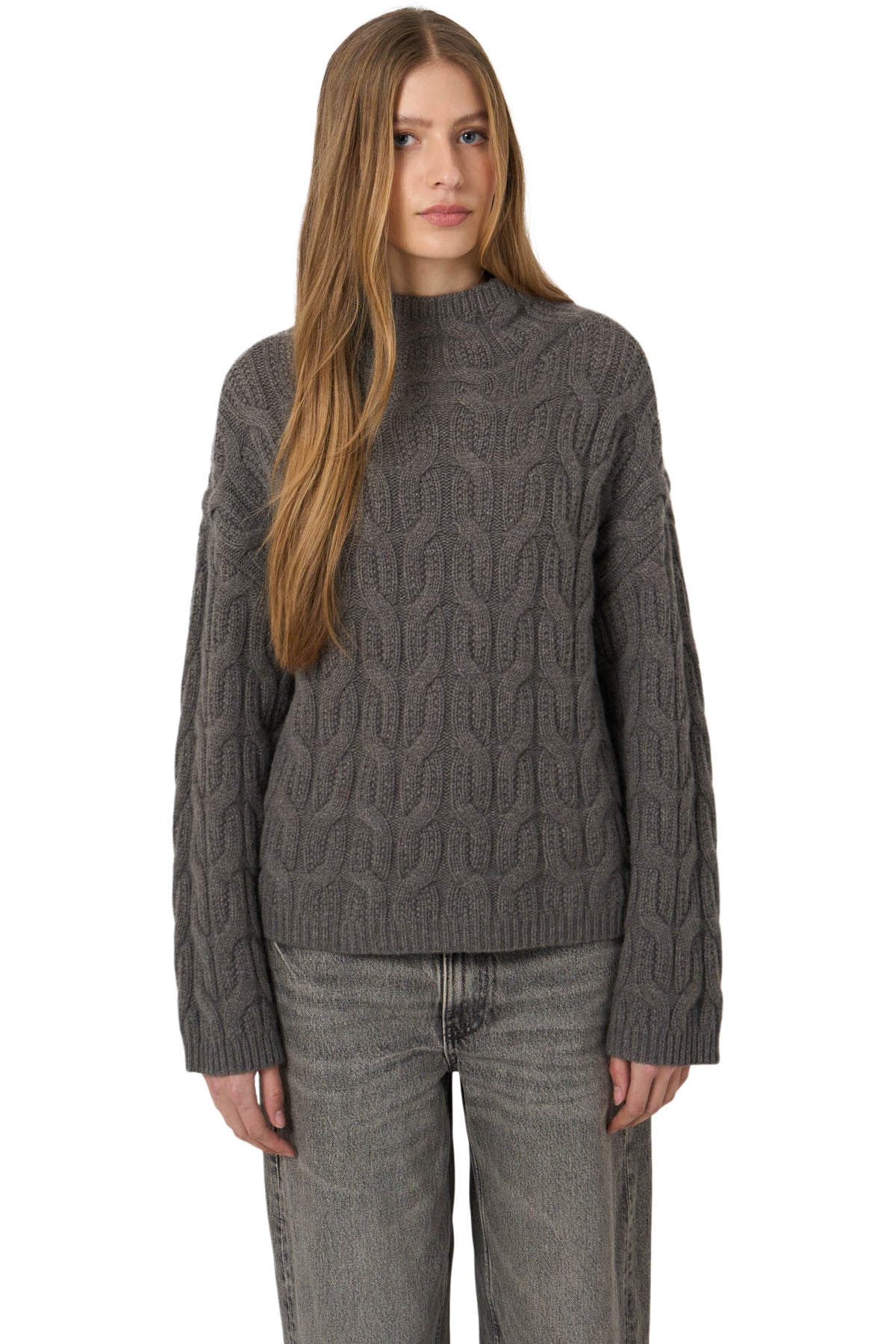 Repeat Cashmere Cable Sweater with Stand Collar in Rock