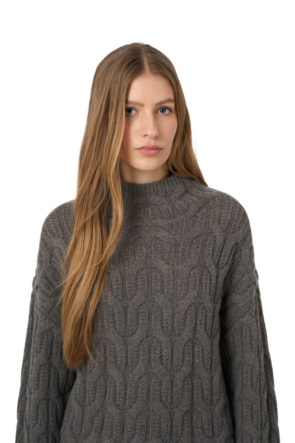 Repeat Cashmere Cable Sweater with Stand Collar in Rock