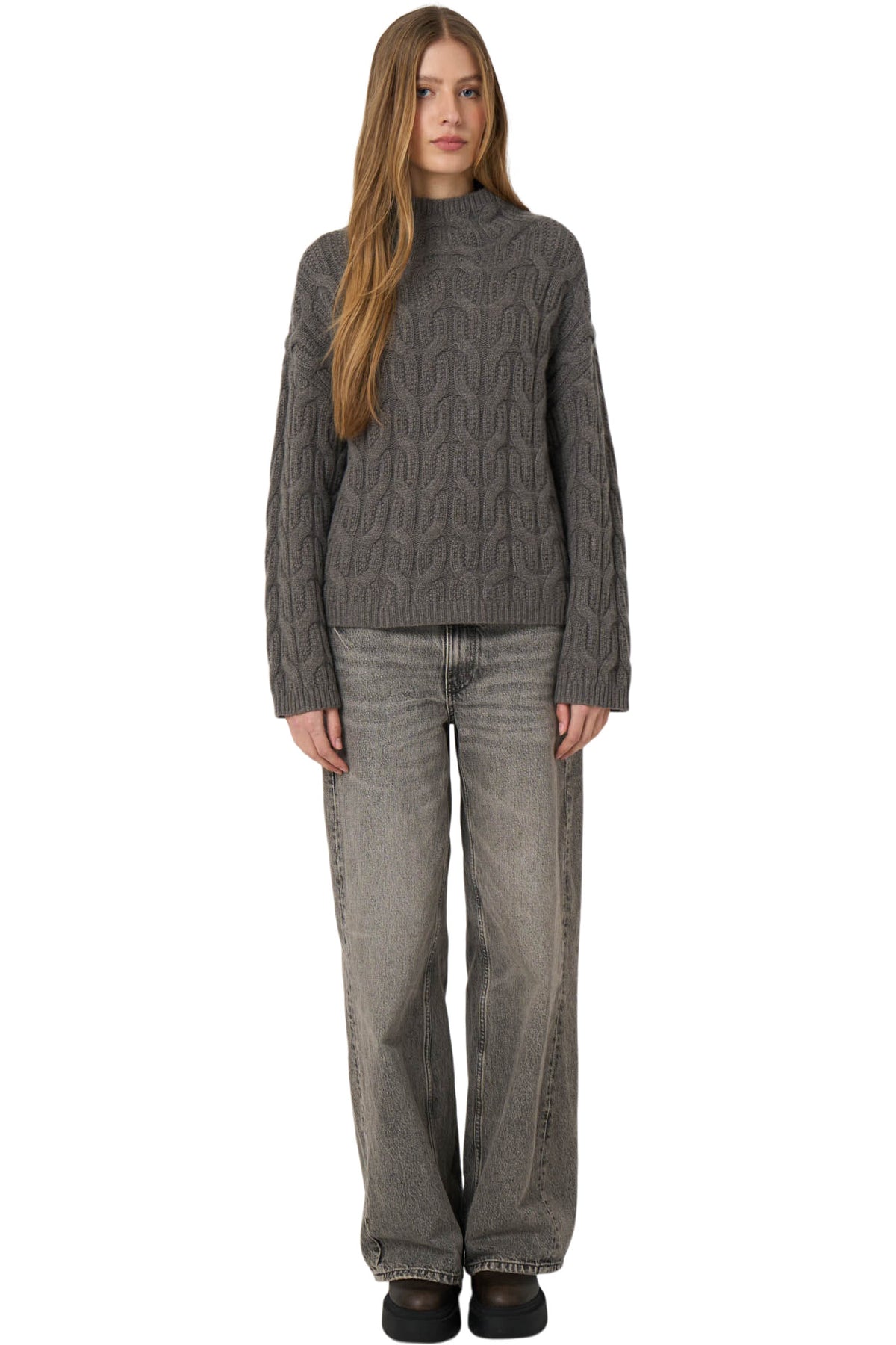 Repeat Cashmere Cable Sweater with Stand Collar in Rock