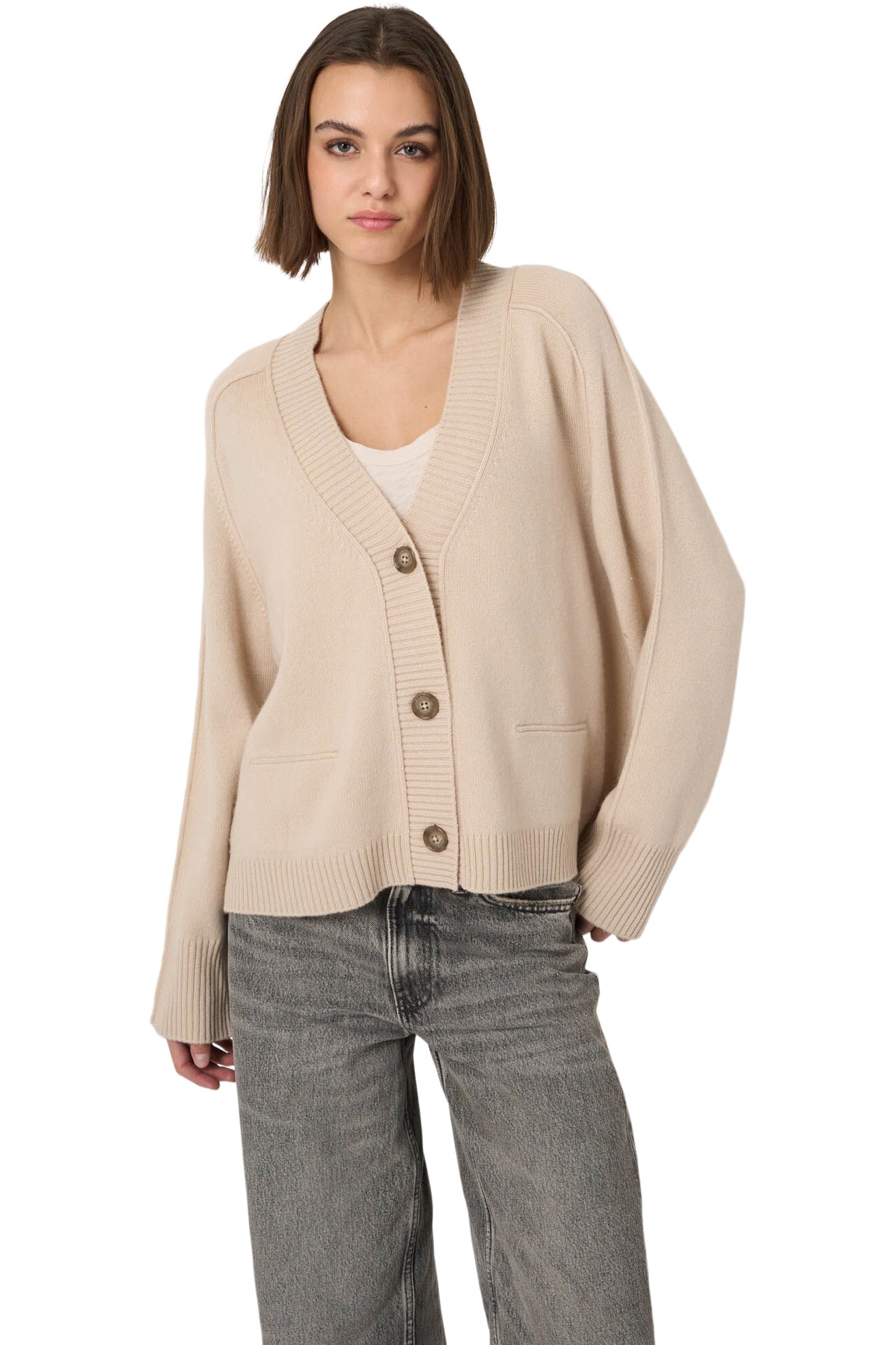 Repeat Cashmere Cashmere-Blend A-Line Cardigan with Rolled Details in Natural