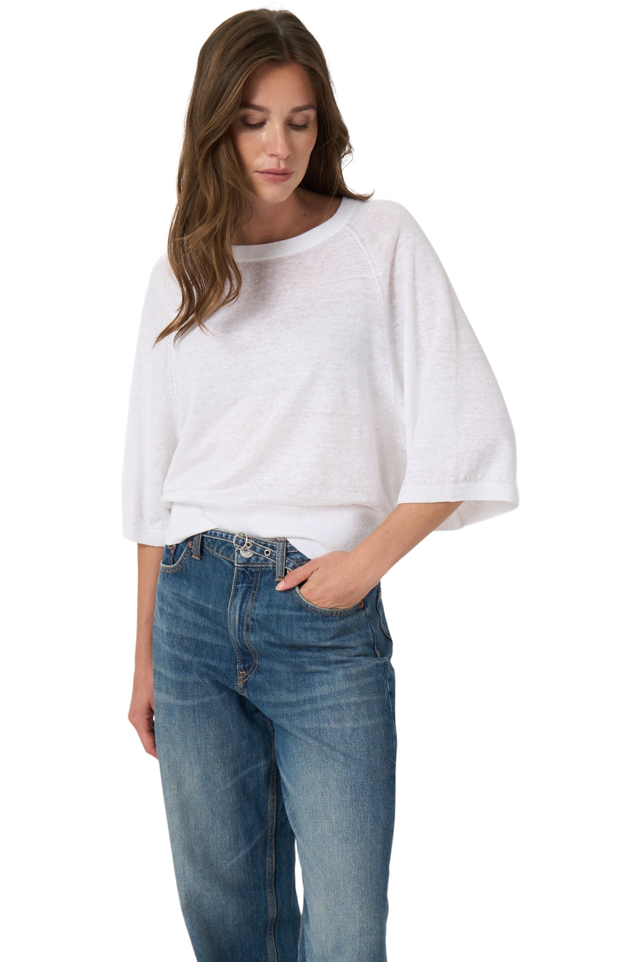 Repeat Cashmere Linen Boat Neck Sweater in White