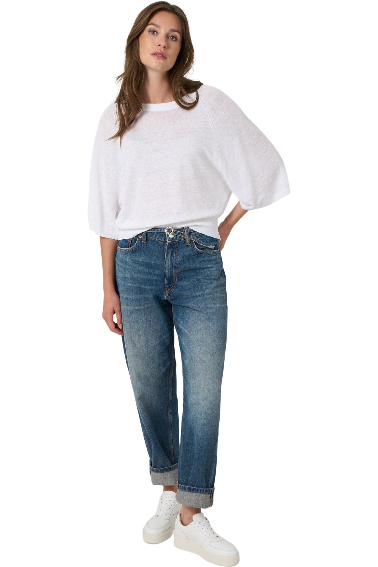 Repeat Cashmere Linen Boat Neck Sweater in White