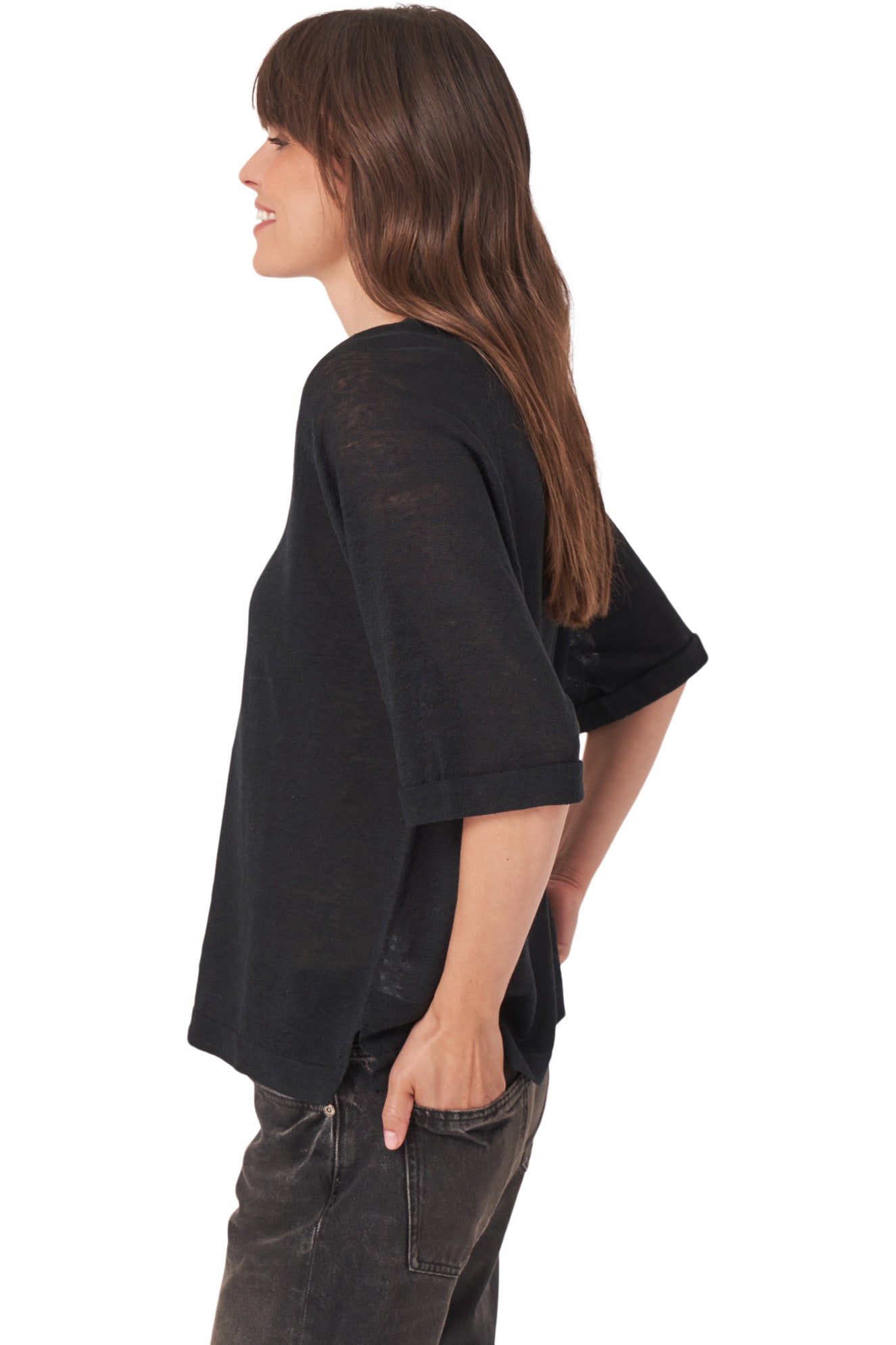Repeat Cashmere Linen V-neck Sweater in Black