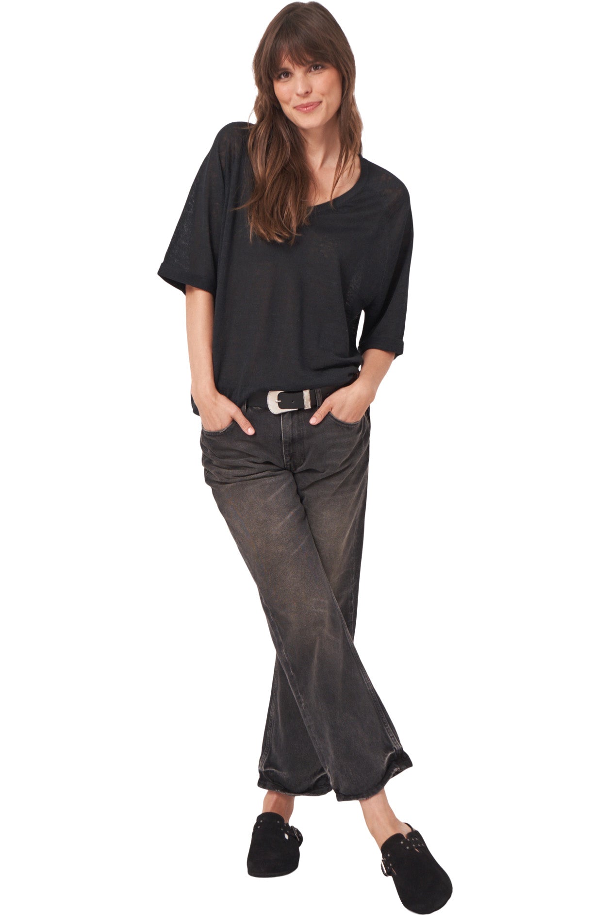 Repeat Cashmere Linen V-neck Sweater in Black