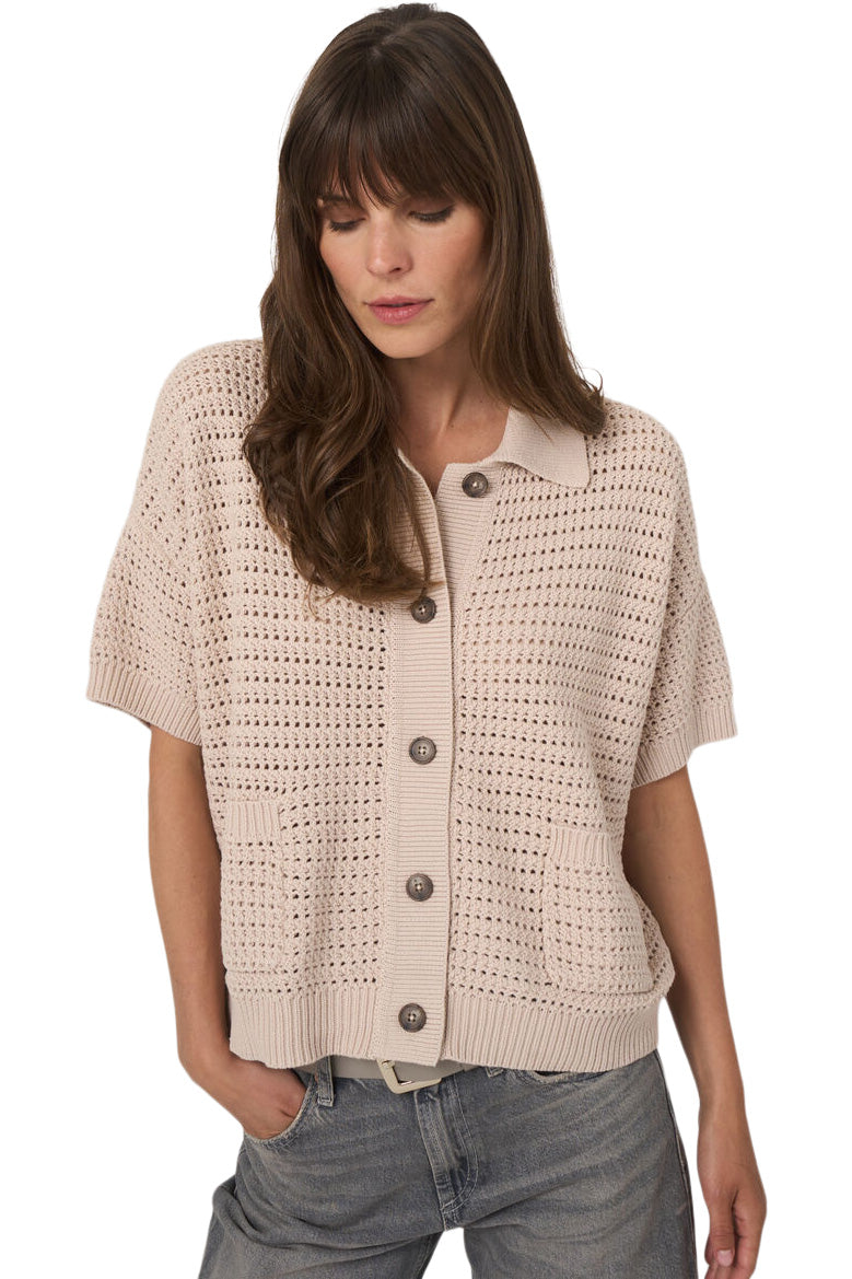 Repeat Cashmere Openwork Cotton Polo Cardigan
 in Natural