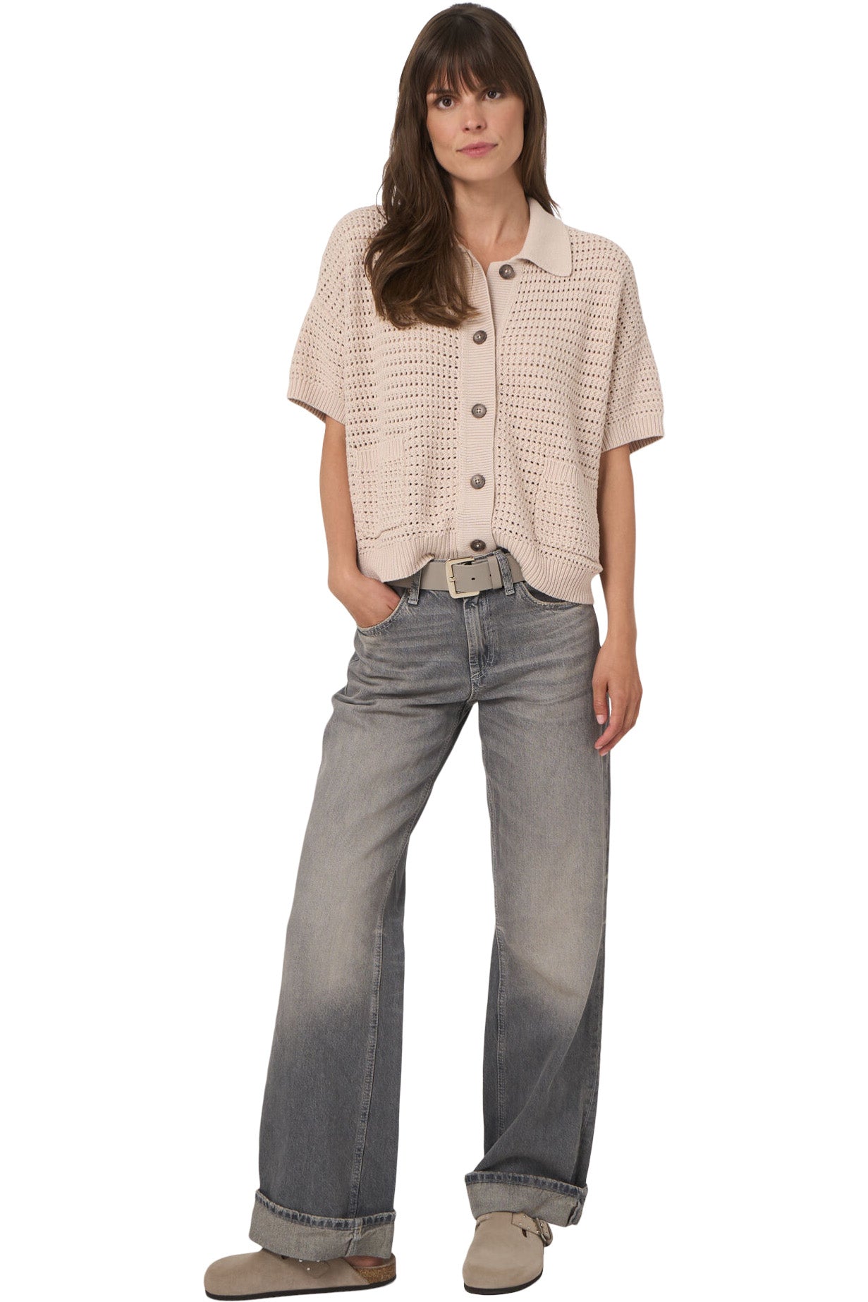Repeat Cashmere Openwork Cotton Polo Cardigan
 in Natural