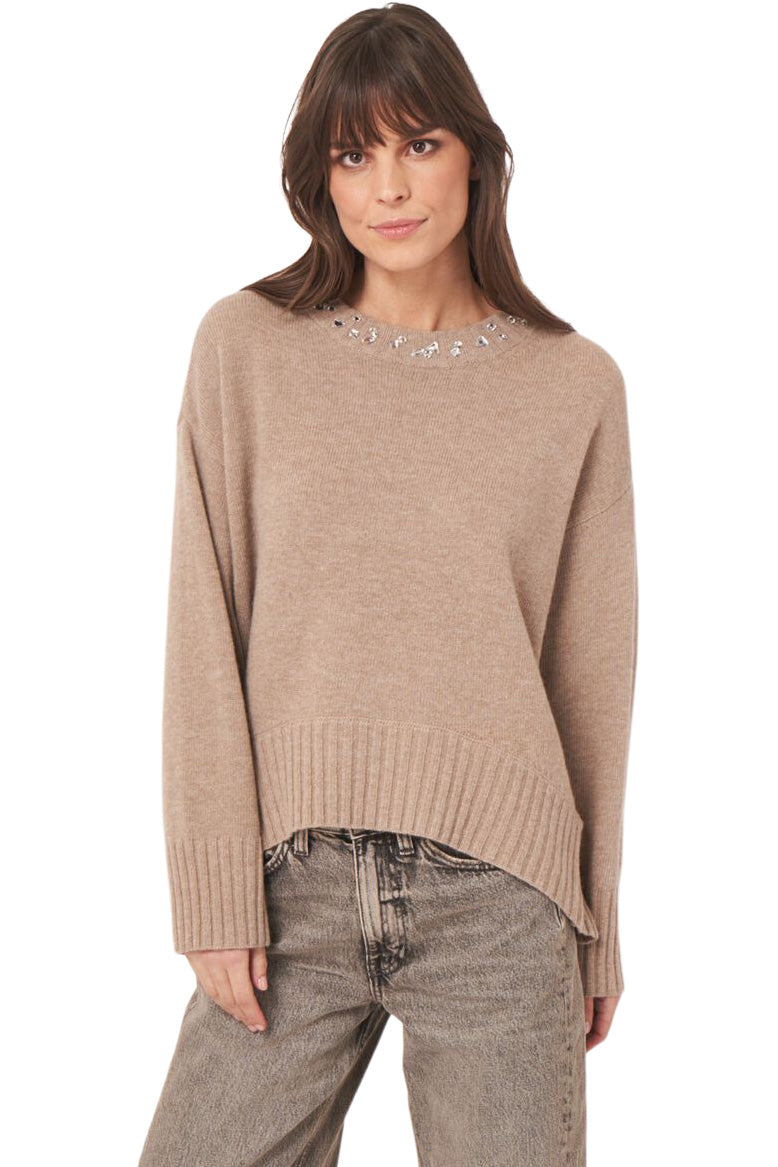 Repeat Cashmere Oversized Knit Sweater with Rhinestone Detail in Desert