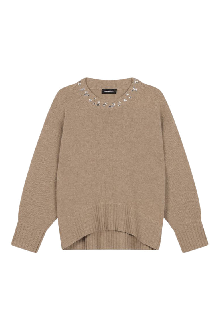 Repeat Cashmere Oversized Knit Sweater with Rhinestone Detail in Desert