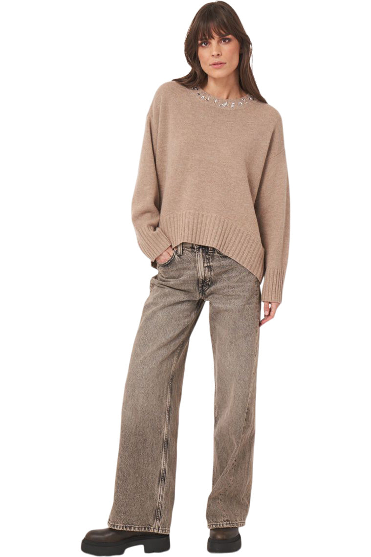Repeat Cashmere Oversized Knit Sweater with Rhinestone Detail in Desert