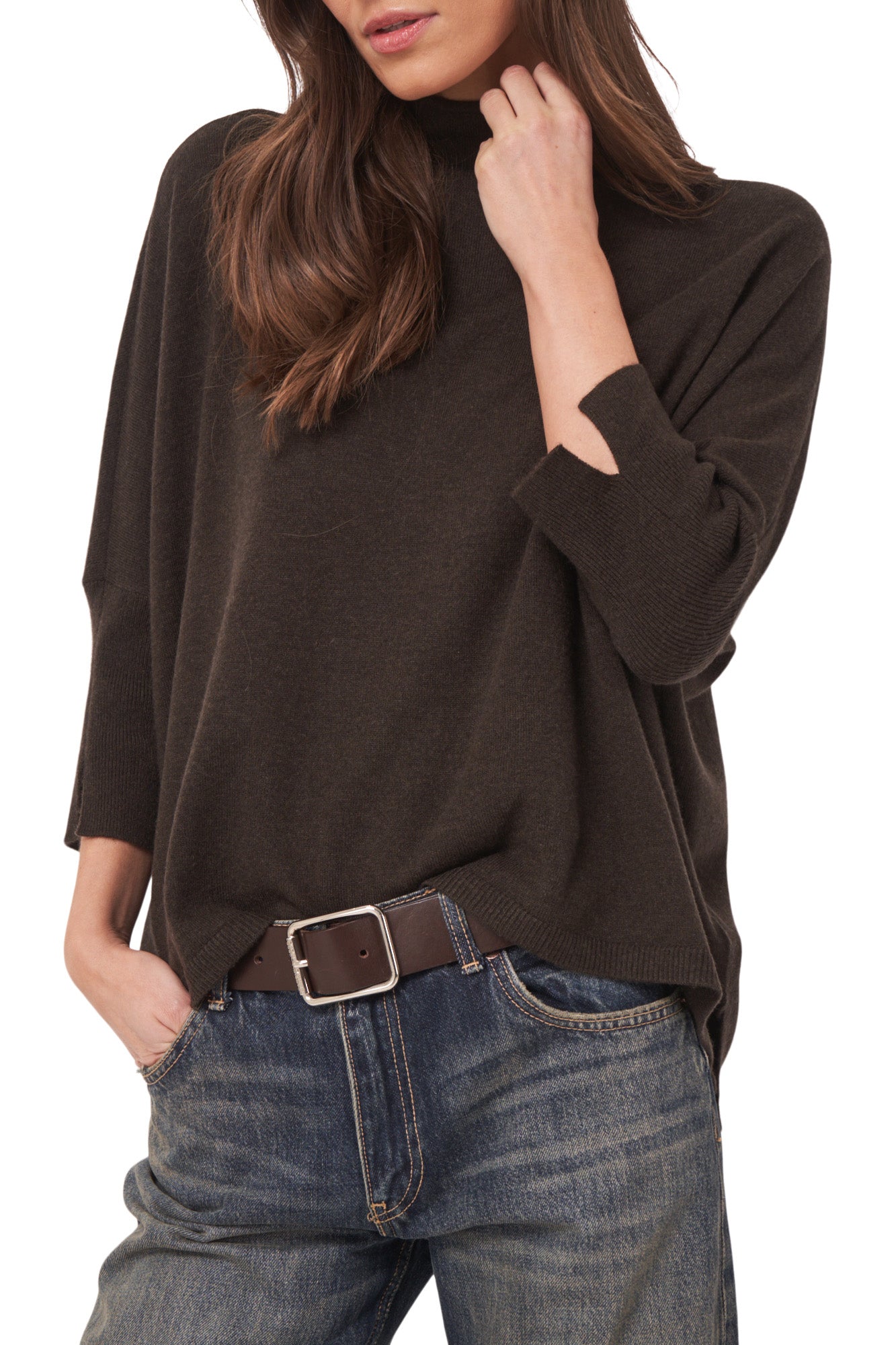 Repeat Cashmere Oversized Mockneck Turtleneck in Dark Brown