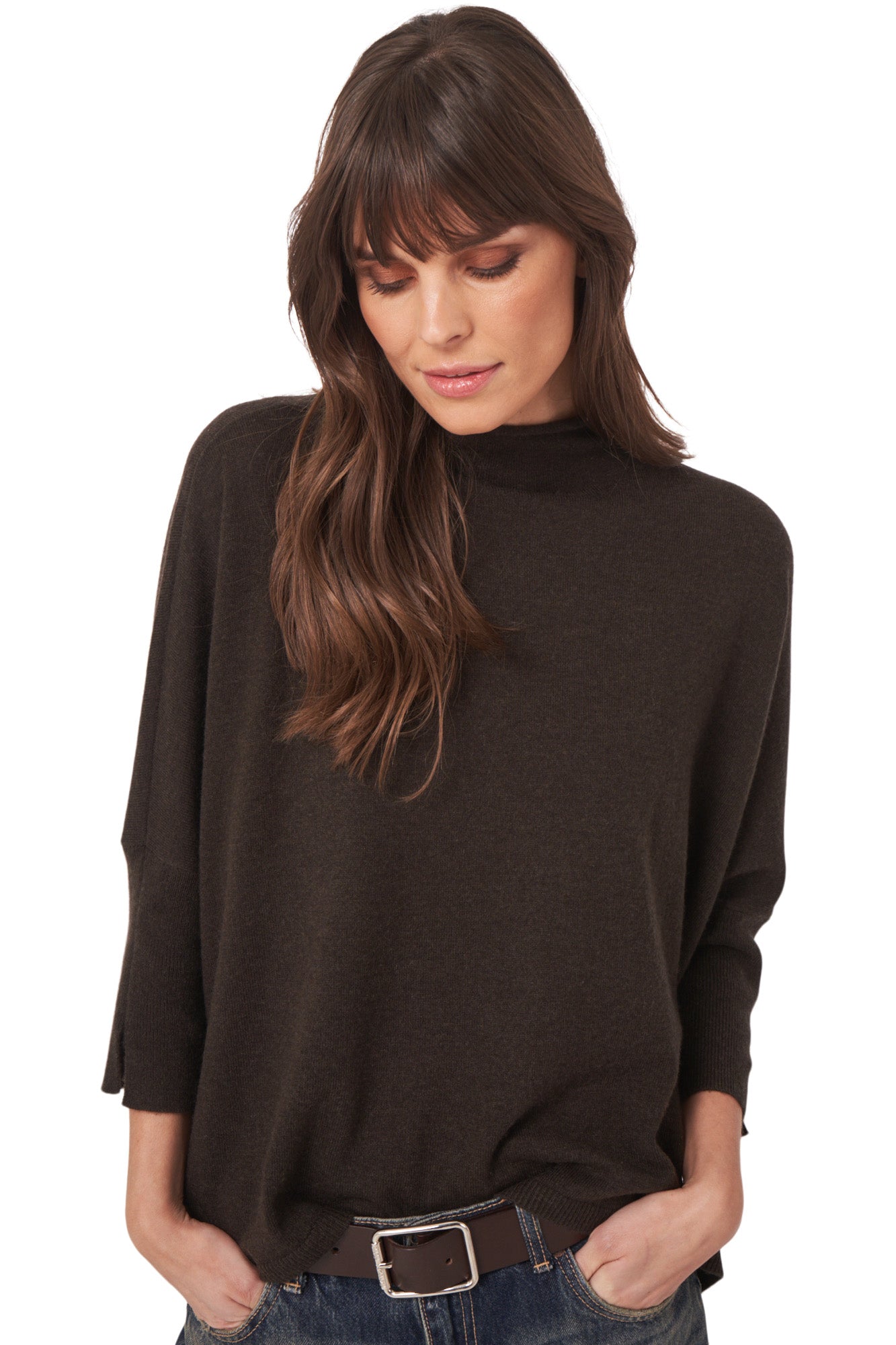 Repeat Cashmere Oversized Mockneck Turtleneck in Dark Brown